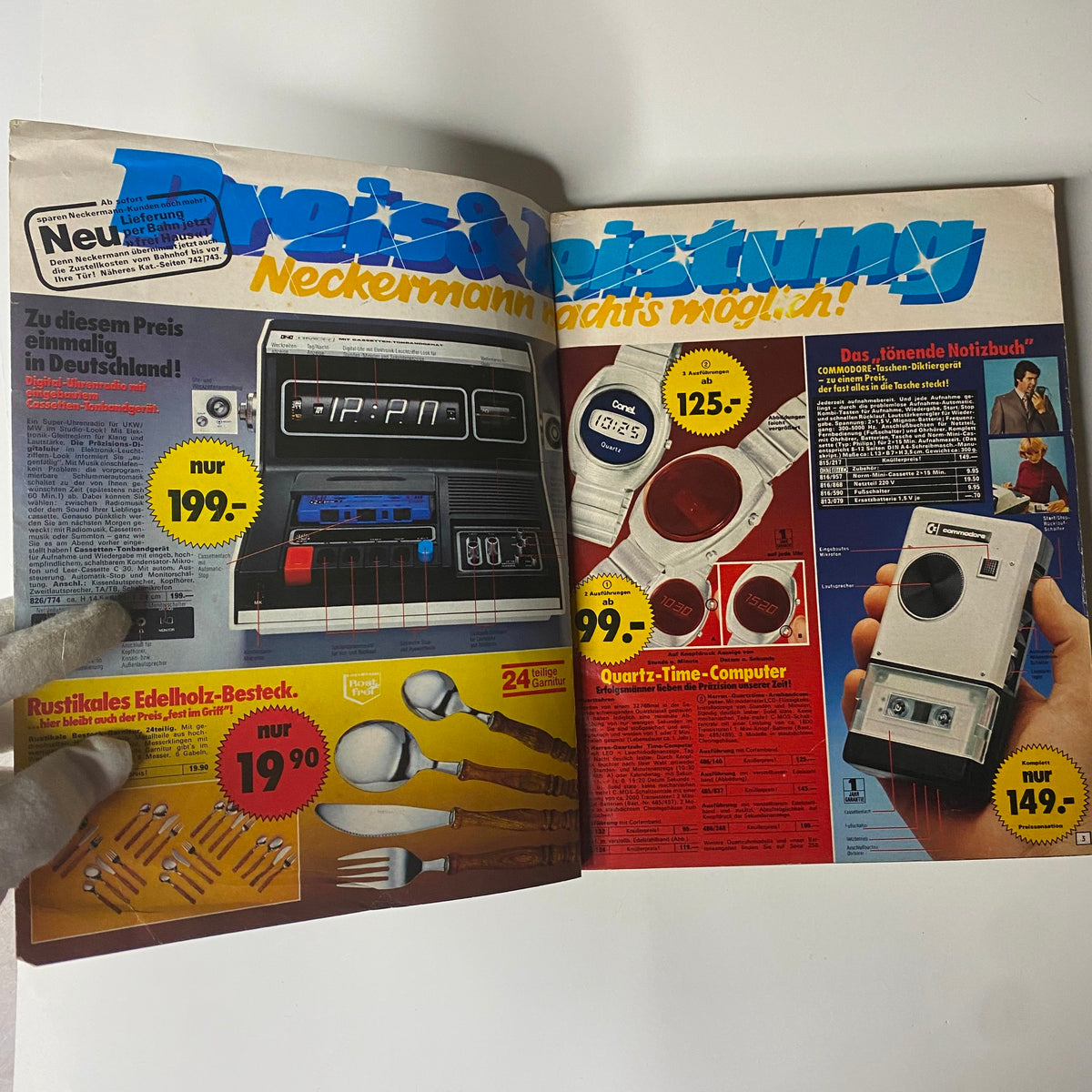 Interior page of the 1975-1976 Neckermann Winter Catalog displaying various consumer electronics and kitchenware for sale, with prices highlighted in German. The catalog reflects mid-1970s design aesthetics.