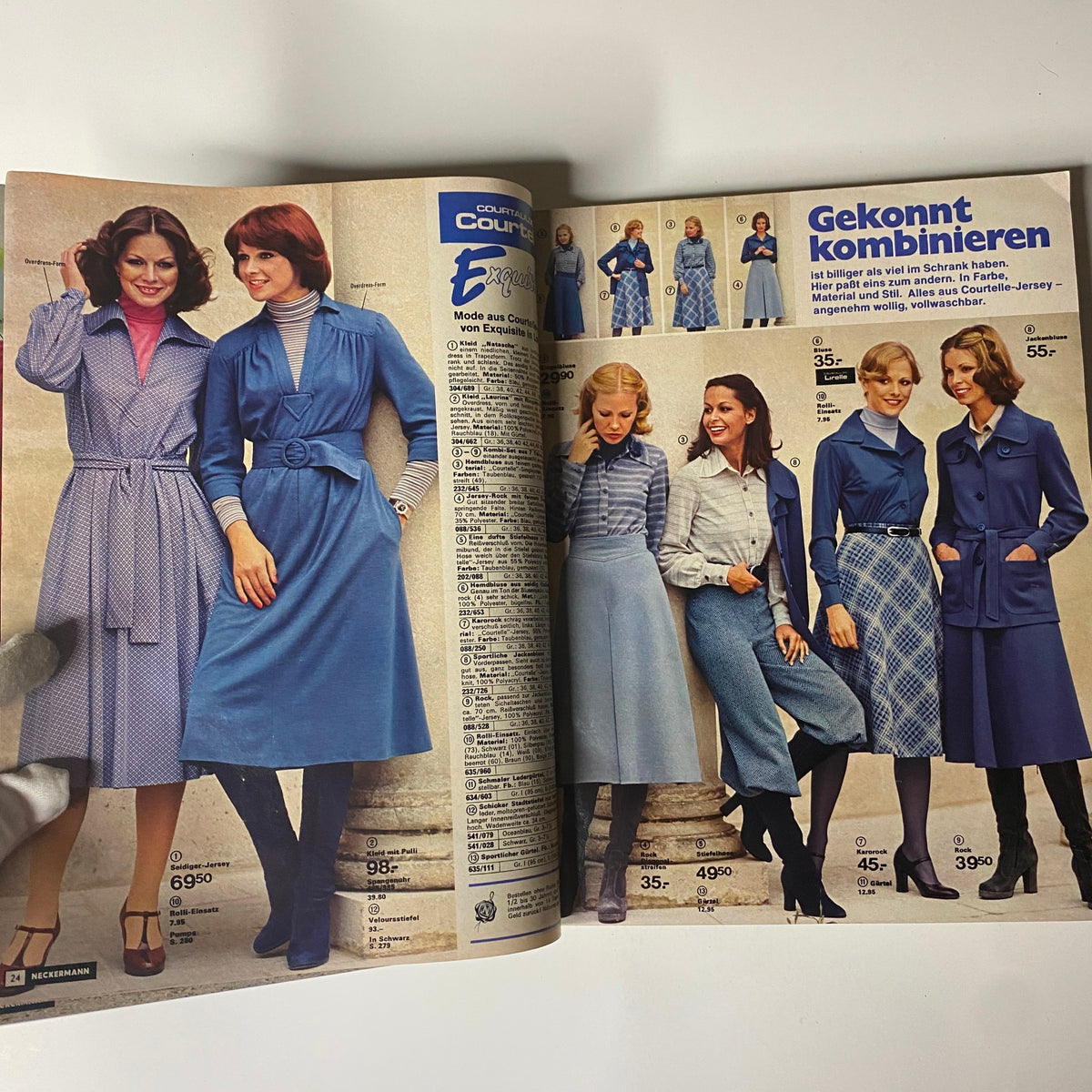 1975-1976 Neckermann Winter Catalog featuring fashion styles including dresses and skirts worn by models with various hairstyles, showcasing mid-1970s winter attire.