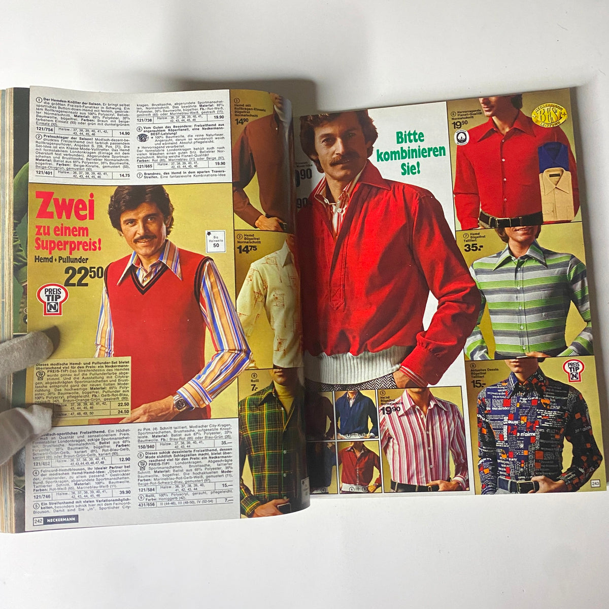 1975-1976 Neckermann Winter Catalog depicting a variety of men's shirts and casual styles, reflecting the fashion trends from the 1970s.