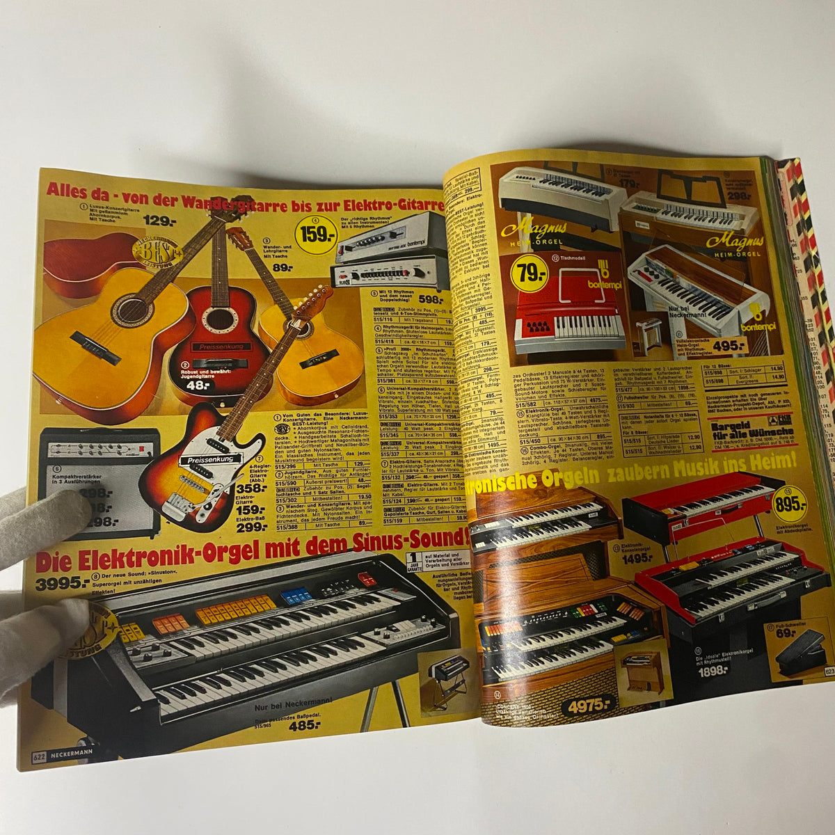 1975-1976 Neckermann Winter Catalog featuring a selection of musical instruments including guitars and electronic organs, emphasizing the musical culture of the 1970s.