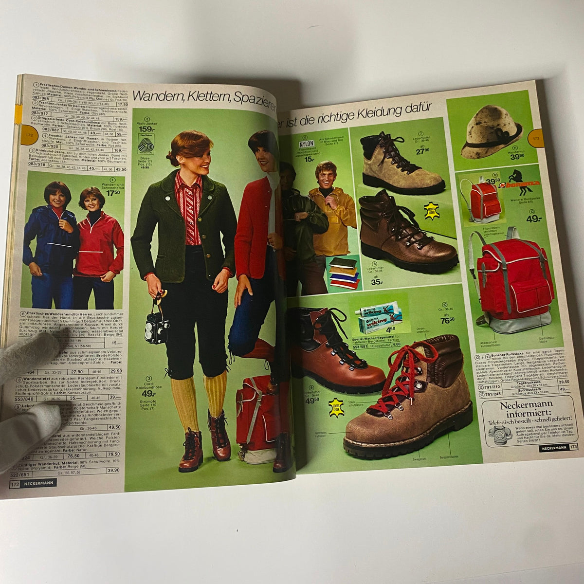 1977-1978 Neckermann Winter Catalog showcasing outdoor clothing and footwear for hiking, with models in vibrant outfits designed for winter activities.