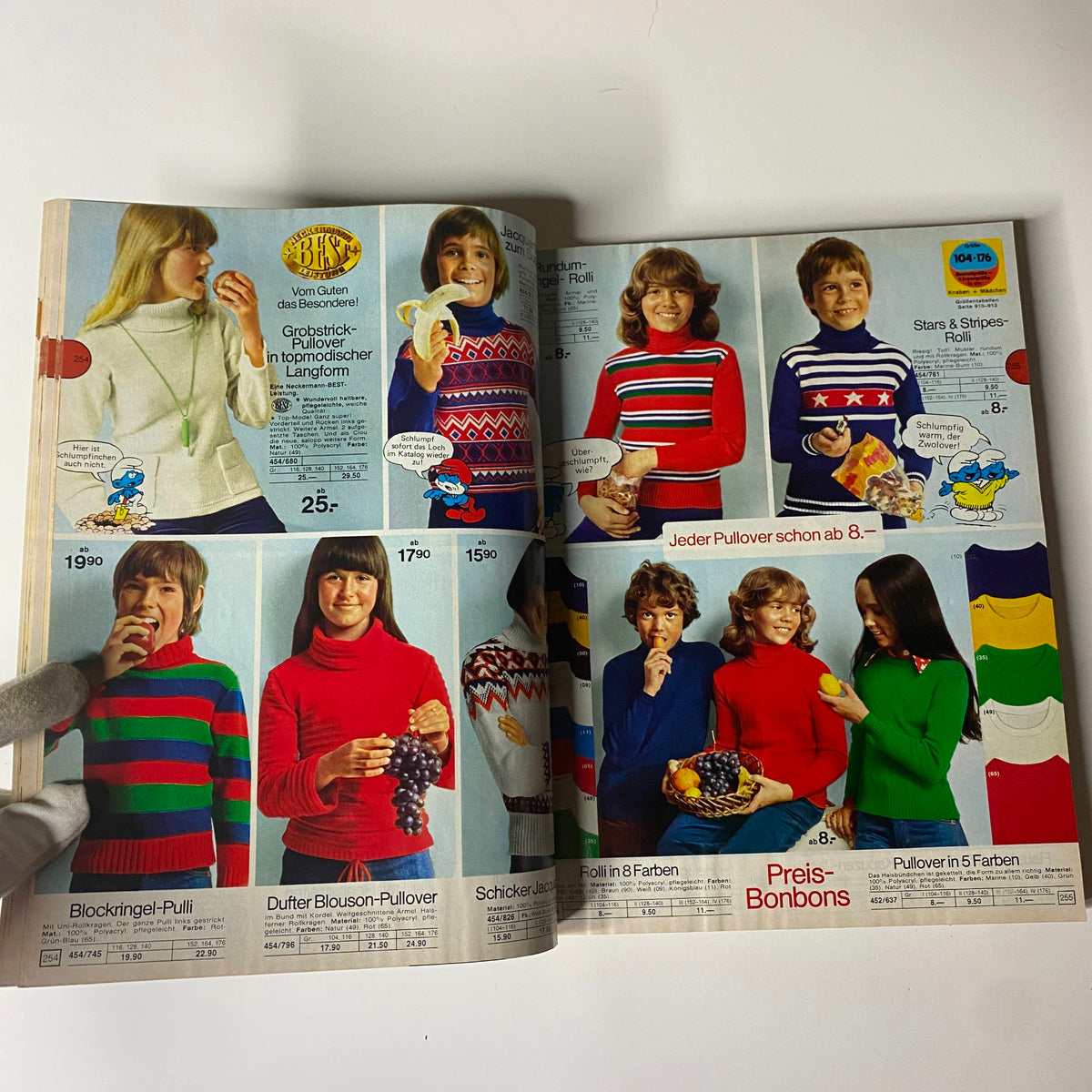 1977-1978 Neckermann Winter Catalog highlighting colorful sweaters and knitwear, featuring children happily posing with snacks while displaying retro fashion.