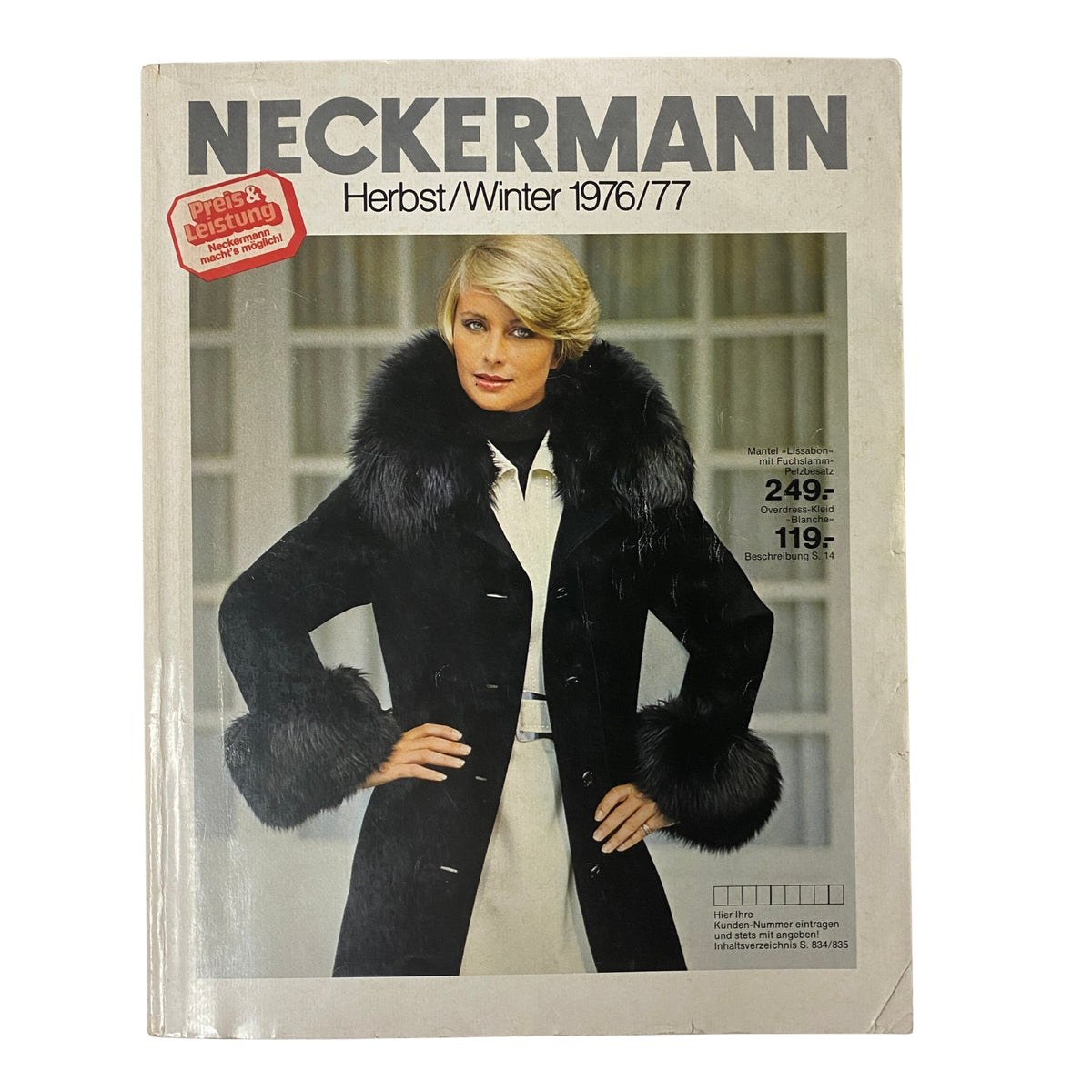 Front cover of the 1976-1977 February Neckermann Winter Catalog featuring a woman in a stylish black fur-trimmed coat, showcasing mid-1970s fashion.