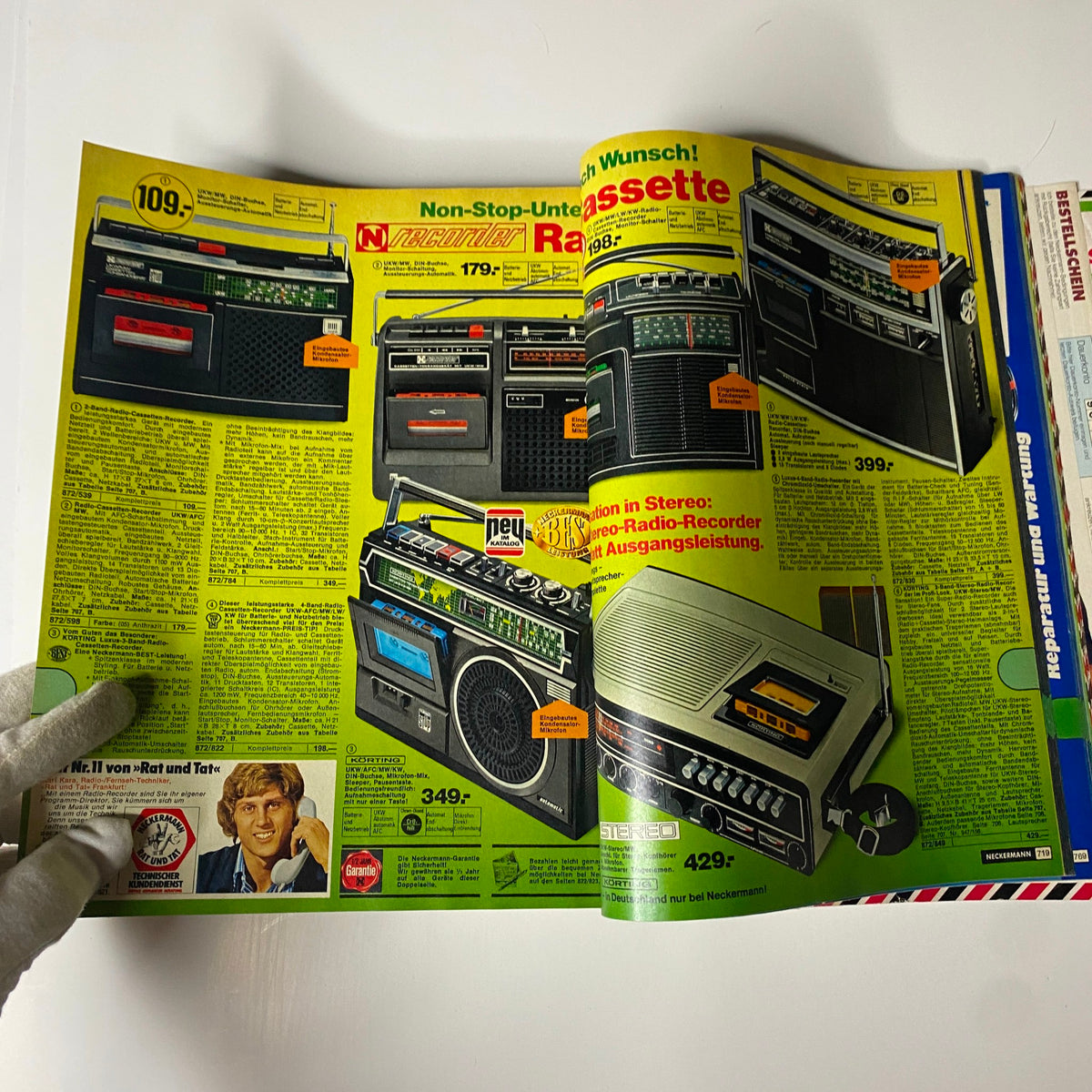 An advertisement page from the 1976-1977 February Neckermann Winter Catalog presenting various cassette recorders and audio equipment, highlighting vintage audio solutions.