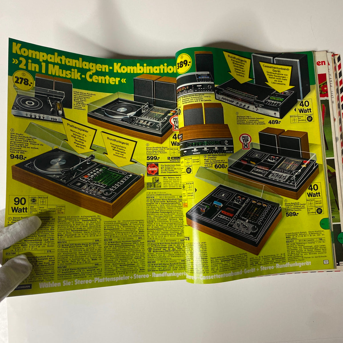 1977 Neckermann Sommer Catalog page showcasing a variety of compact stereo equipment and music center combinations available for purchase.