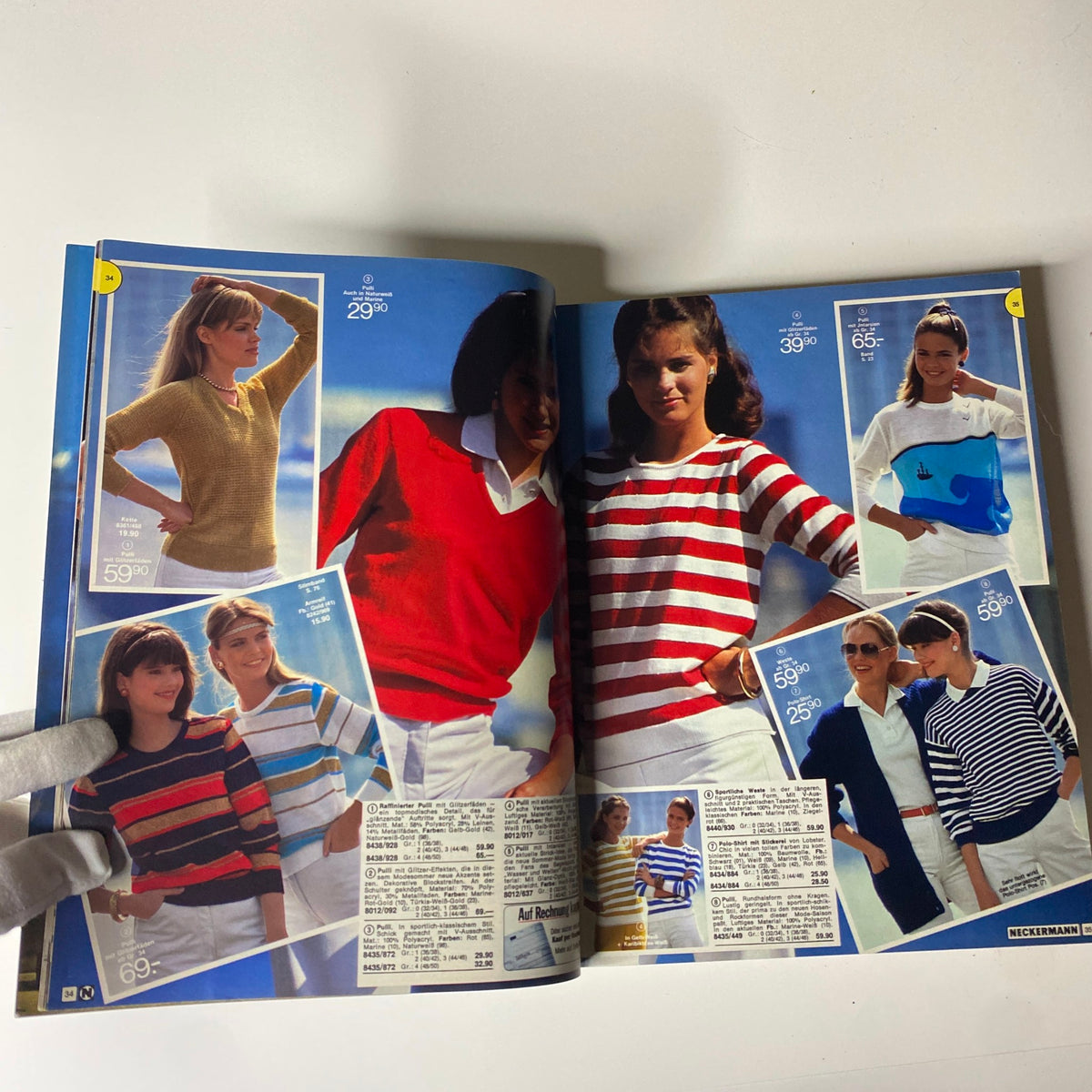 Colorful fashion page from the 1982 Neckermann Summer Catalog featuring young women in striped and solid sweaters, depicting trends in retro fashion for summer.