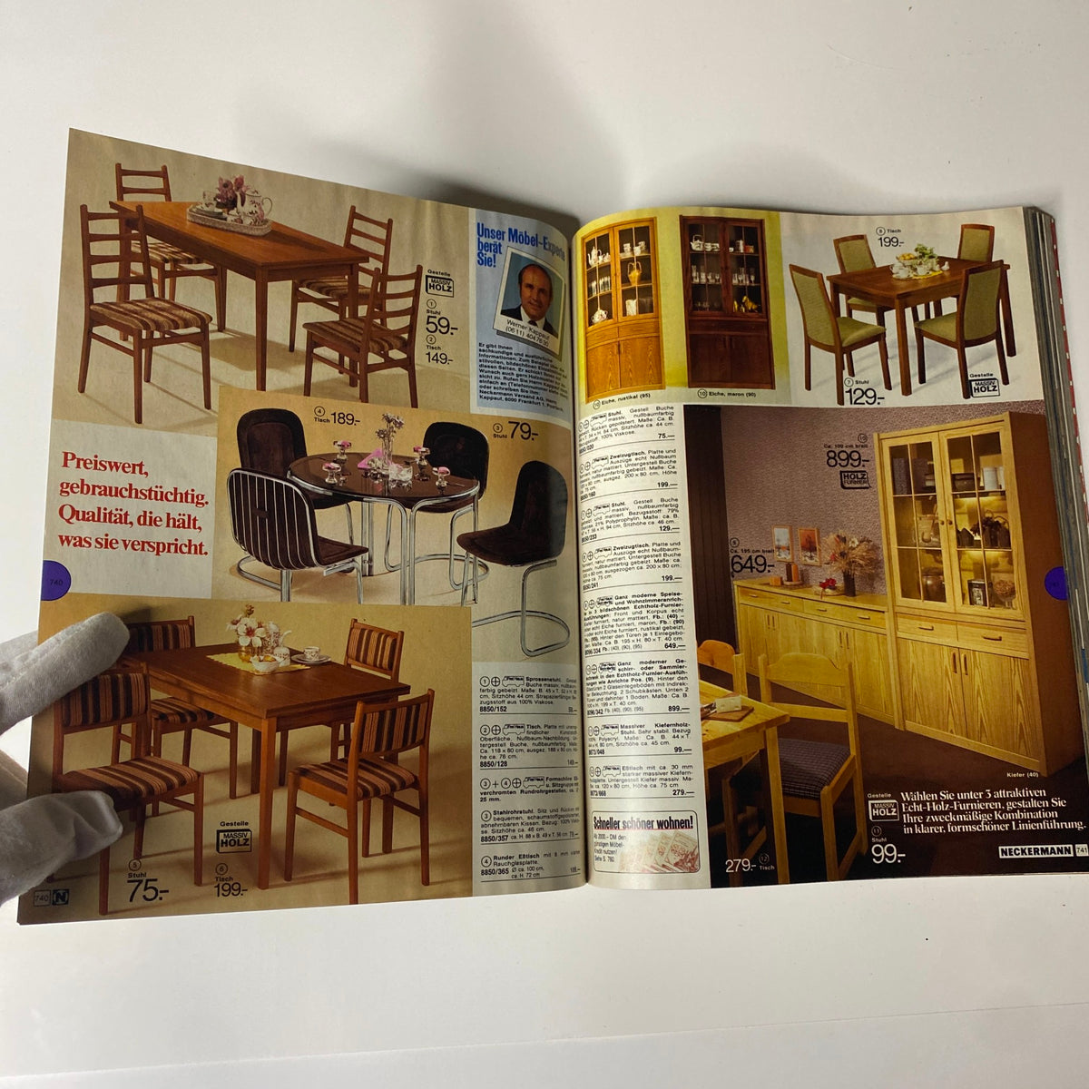 Page from the 1982 Neckermann Summer Catalog showing dining furniture including tables and chairs with detailed pricing.