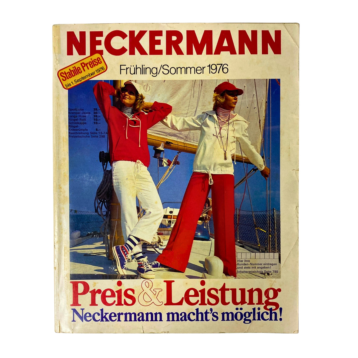 Cover of the 1976 Neckermann Summer Catalog featuring two models in vibrant summer fashion by a yacht, highlighting retro style and mid-70s fashion trends.