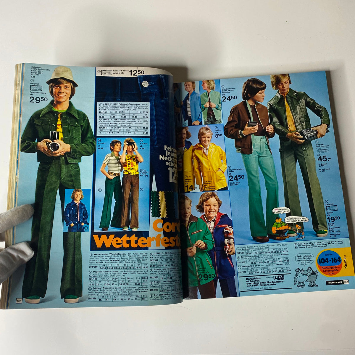 Page featuring children's fashion from the 1976 Neckermann Summer Catalog, showcasing colorful outfits and accessories for kids, including jackets and pants.