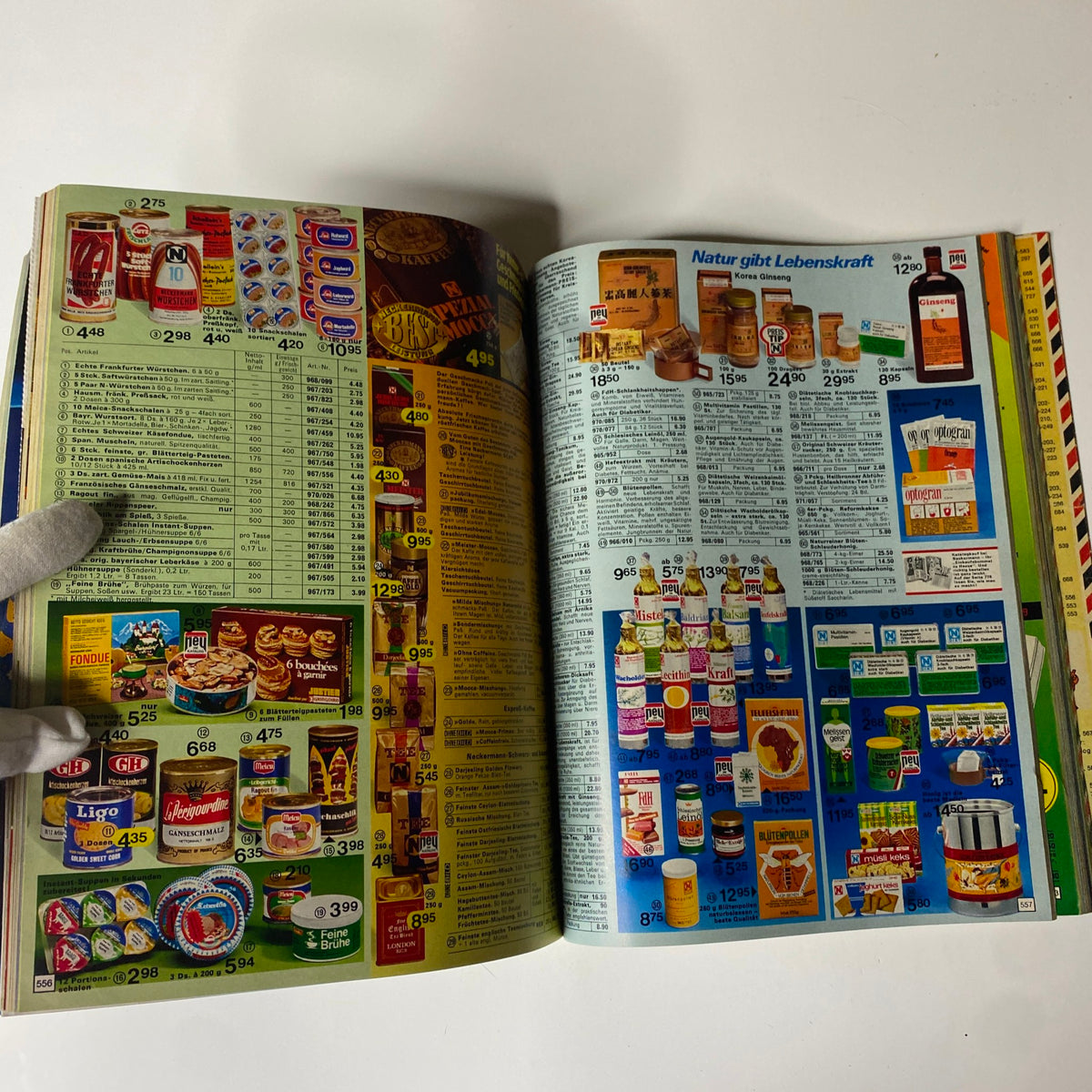 Page showing food items and groceries from the 1976 Neckermann Summer Catalog, illustrating a variety of packaged products and prices.