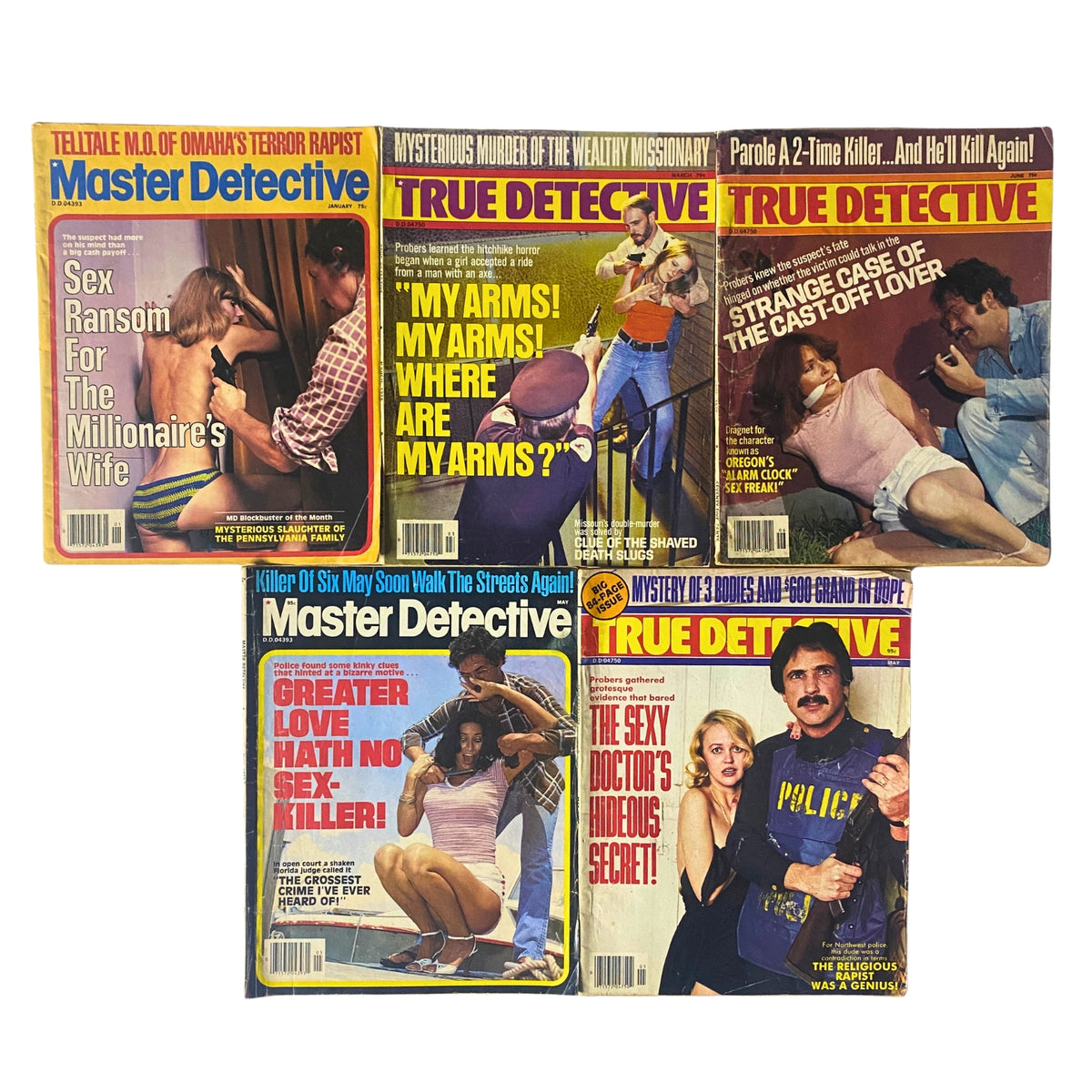 Lot of 5 1970s-1980s Master Detective and True Detective Magazine collection featuring vintage true crime stories, including covers from Master Detective and True Detective highlighting chilling narratives from the 1980s.
