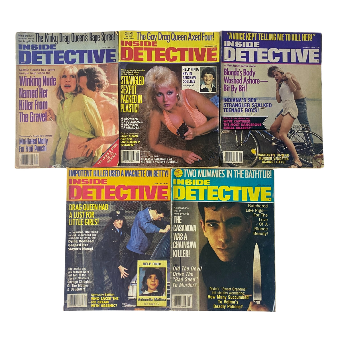 Lot of 5 1980s Inside Detective Magazine featuring captivating true crime stories and sensational headlines from the era, including 'Winking Nude Named Her Killer from the Grave!' and 'Strangled Sexpot Packed in Plastic!'