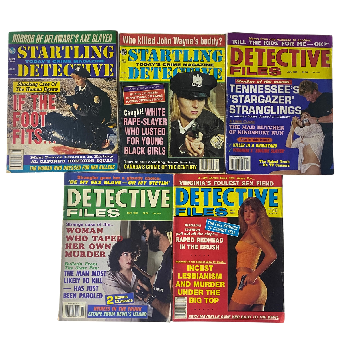 Lot of 5 1980s-1990s Startling Detective and Detective Files Magazine featuring gripping true crime stories, including chilling headlines and sensational storytelling. Issues include Startling Detective - December 1987, Startling Detective - May 1987, Detective Files - January 1990, Detective Files - November 1987, and Detective Files - July 1989.