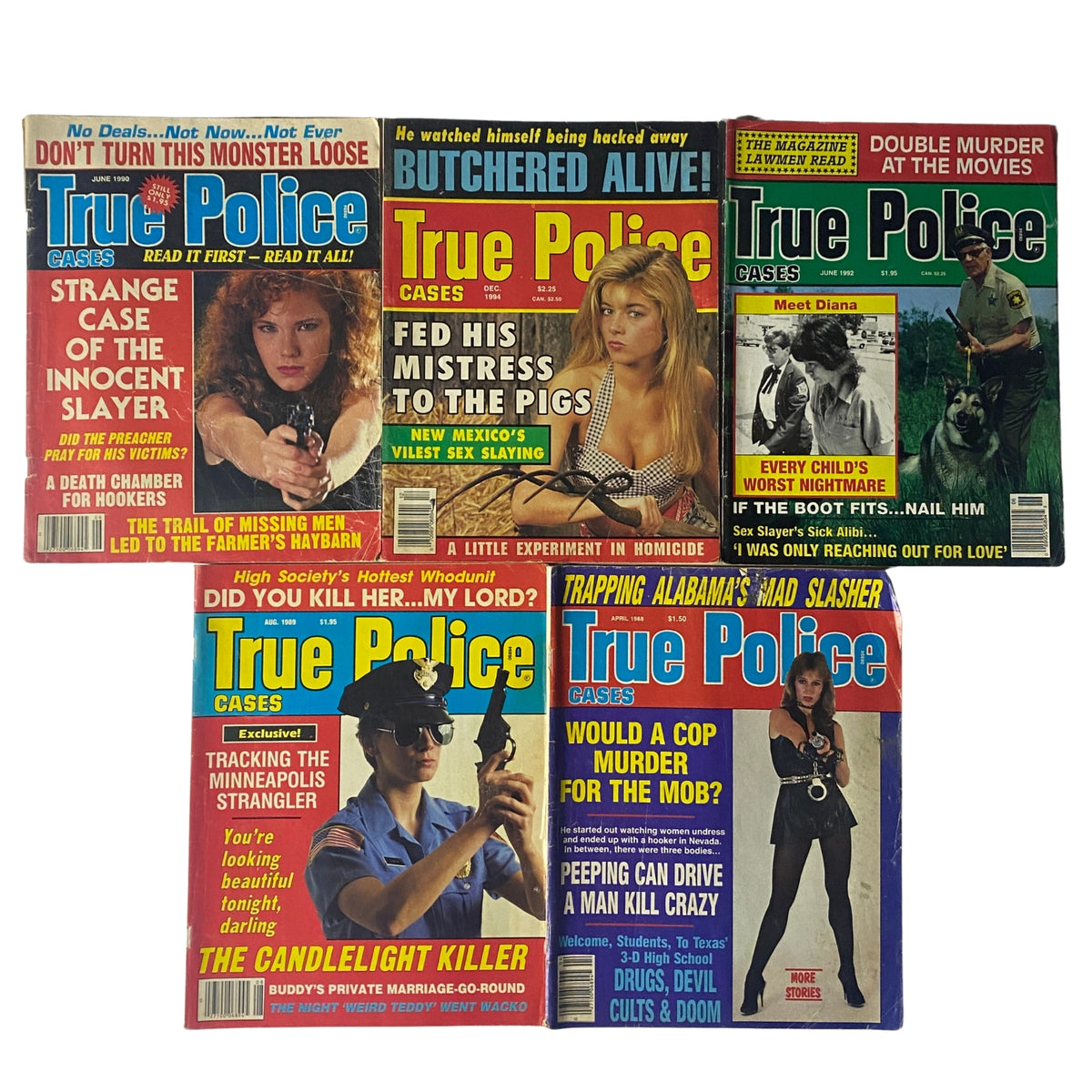 Collection of five 1990s True Police Cases magazines featuring real crime stories and dramatic headlines, including Strange Case of the Innocent Slayer and Fed His Mistress to the Pigs.
