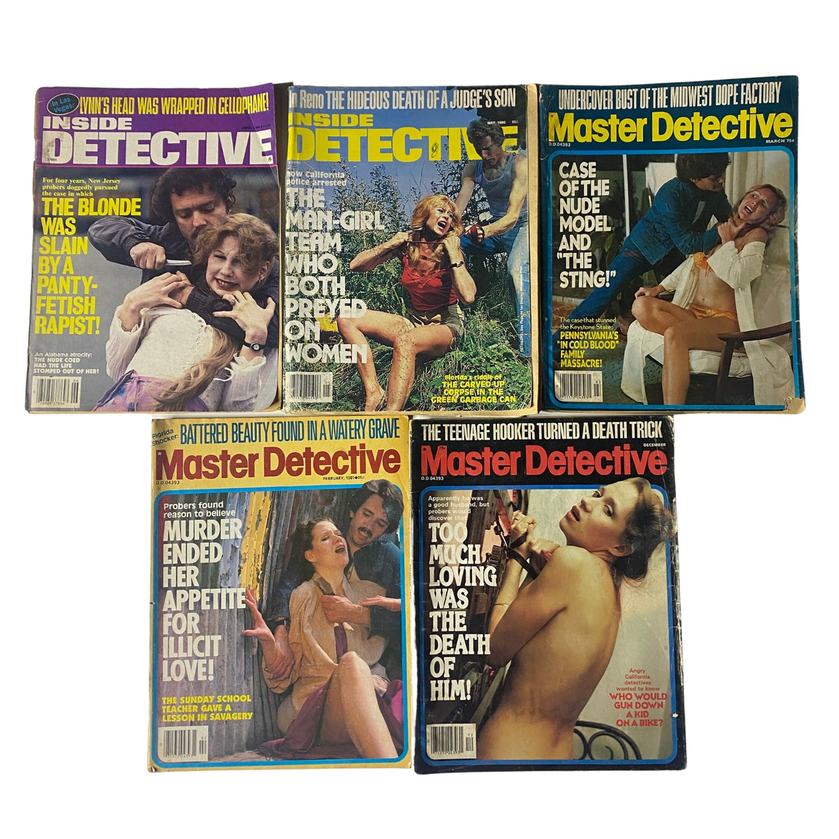 Lot of 5 1980s Inside Detective and Master Detective Magazine covers showcasing true crime stories, including headlines like 'The Blonde Was Slain by a Panty-Fetish Rapist!' and 'Murder Ended Her Appetite for Illicit Love!'.