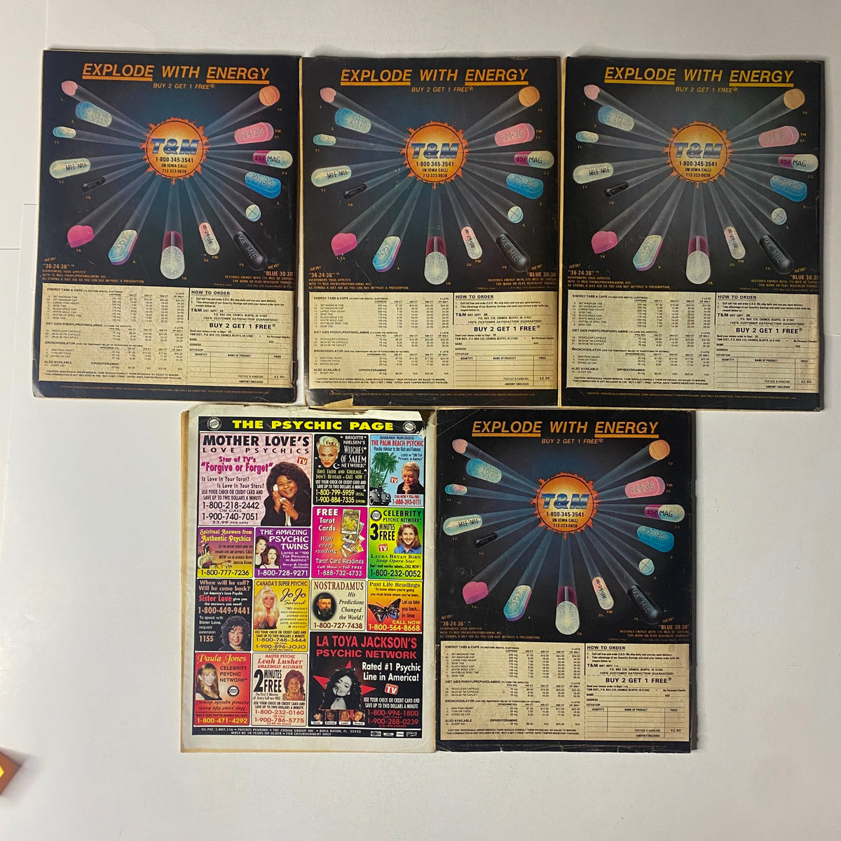 Lot of 5 1980s Front Page Detective and Startling Detective Yearbook Magazine back covers, displaying advertisements and promotions for psychic services, enhancing the vintage appeal of these collectible magazines.