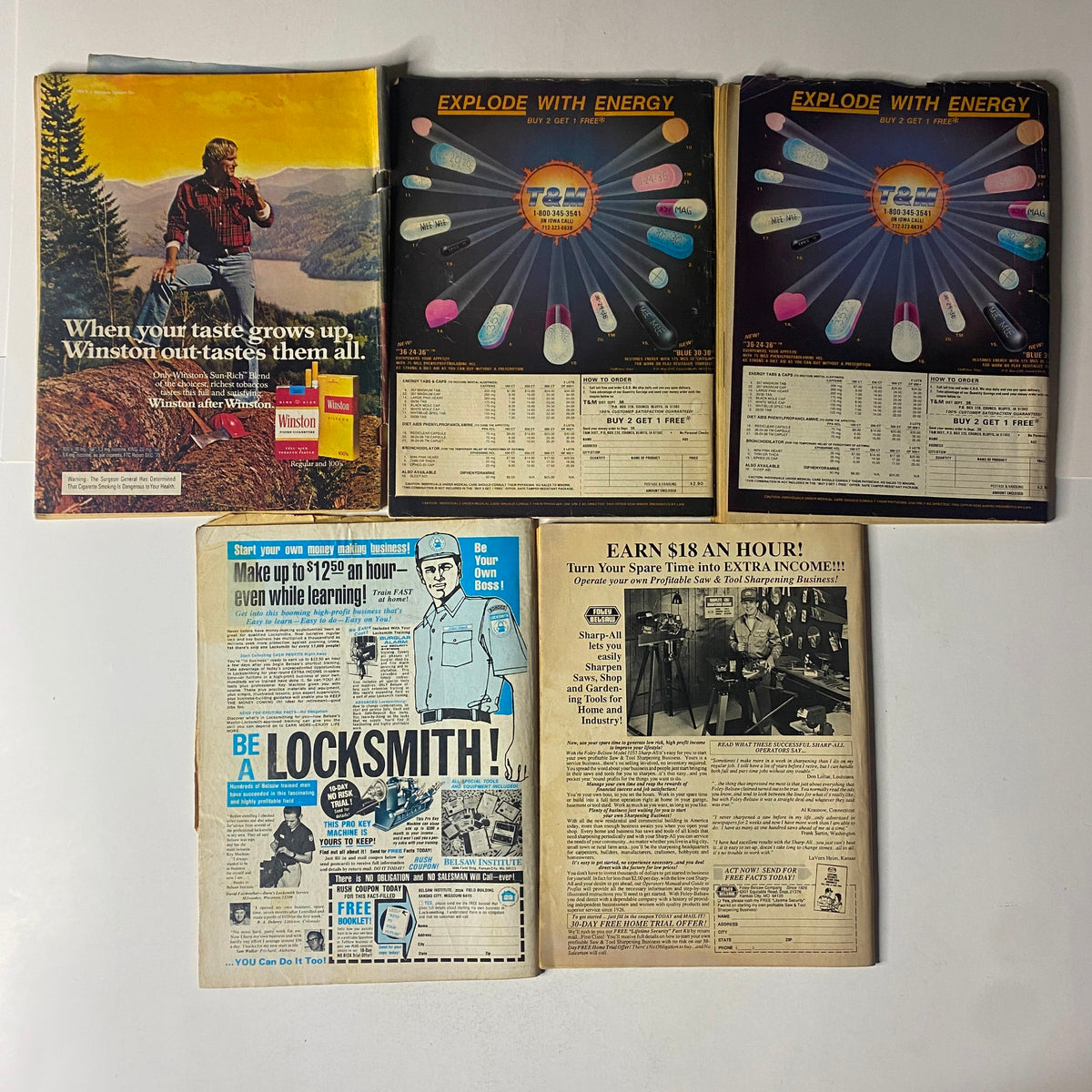 Lot of 5 1980s-1990s Front Page Detective and True Detective Magazine OJ Simpson showcasing vintage advertisements and articles reflecting the culture and market trends of the time.