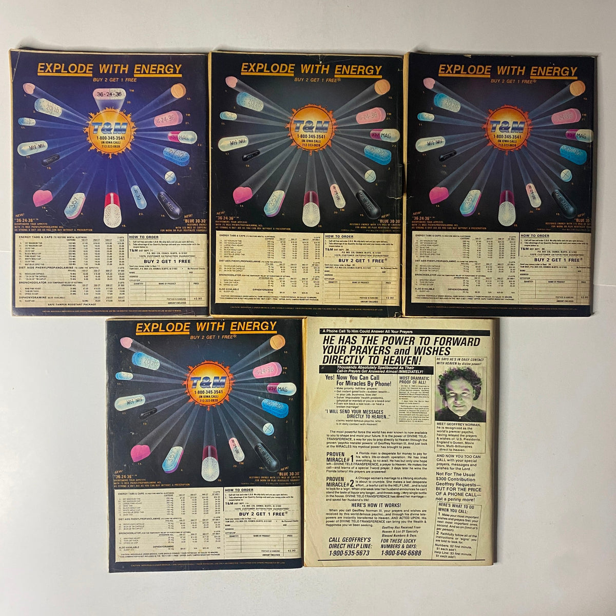 Back cover of vintage magazines promoting energy products with contact details and advertisements, related to the Lot of 5 1980s–1990s Master Detective and Startling Detective Magazines.