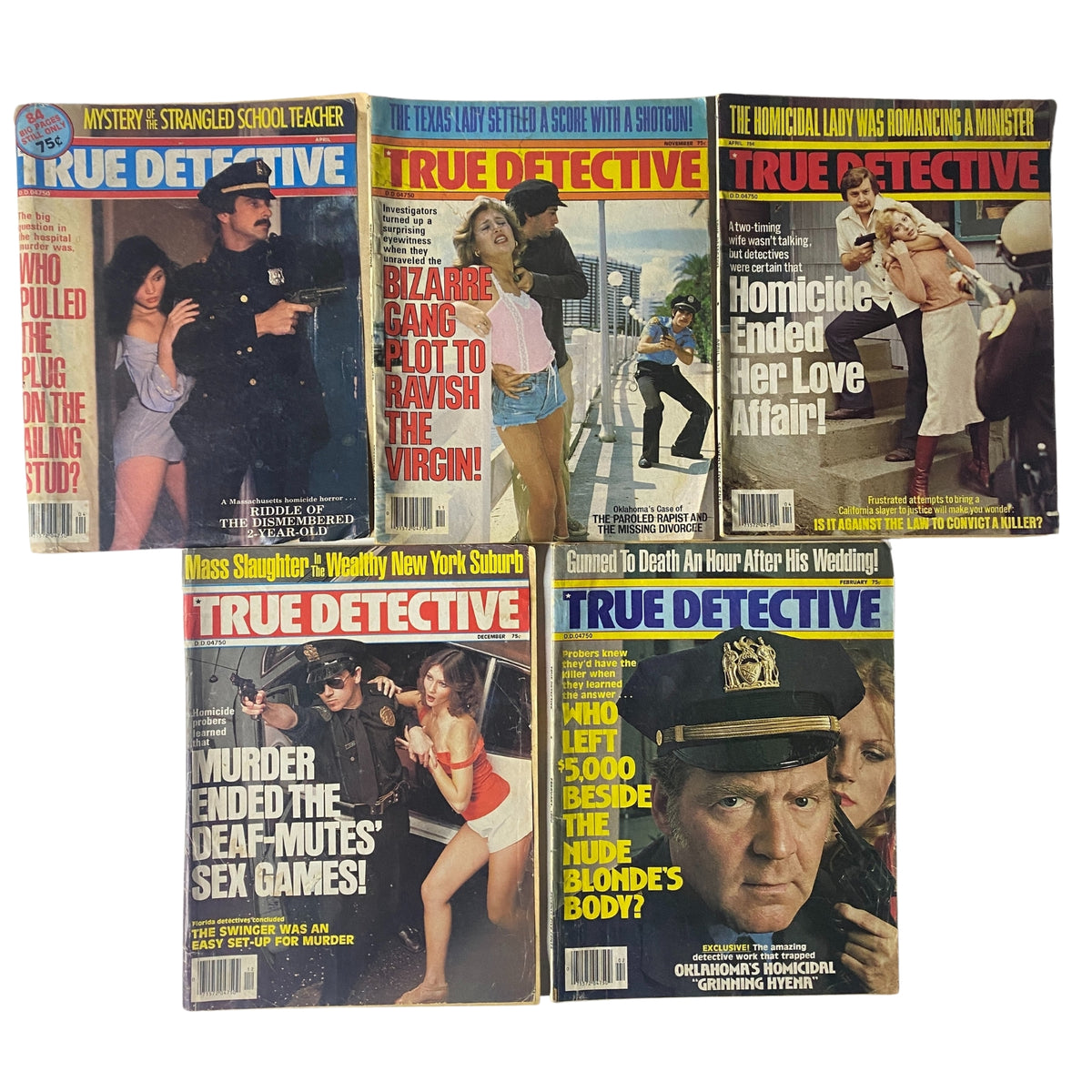 Lot of 5 1970s True Detective magazines showcasing iconic true crime stories. Covers feature titles such as 'Who Pulled the Plug on the Ailing Stud?' and 'Homicide Ended Her Love Affair!'. Perfect for collectors and true crime enthusiasts.