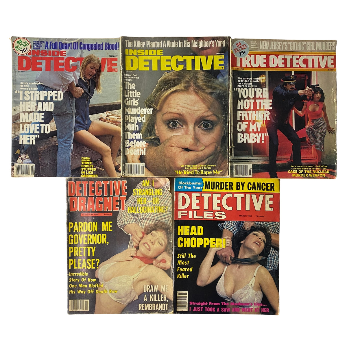 Lot of 5 1970s-1980s Inside Detective, True Detective, Detective Files Magazine showcasing distinctive true crime cover stories, including dramatic titles about murder and intrigue.