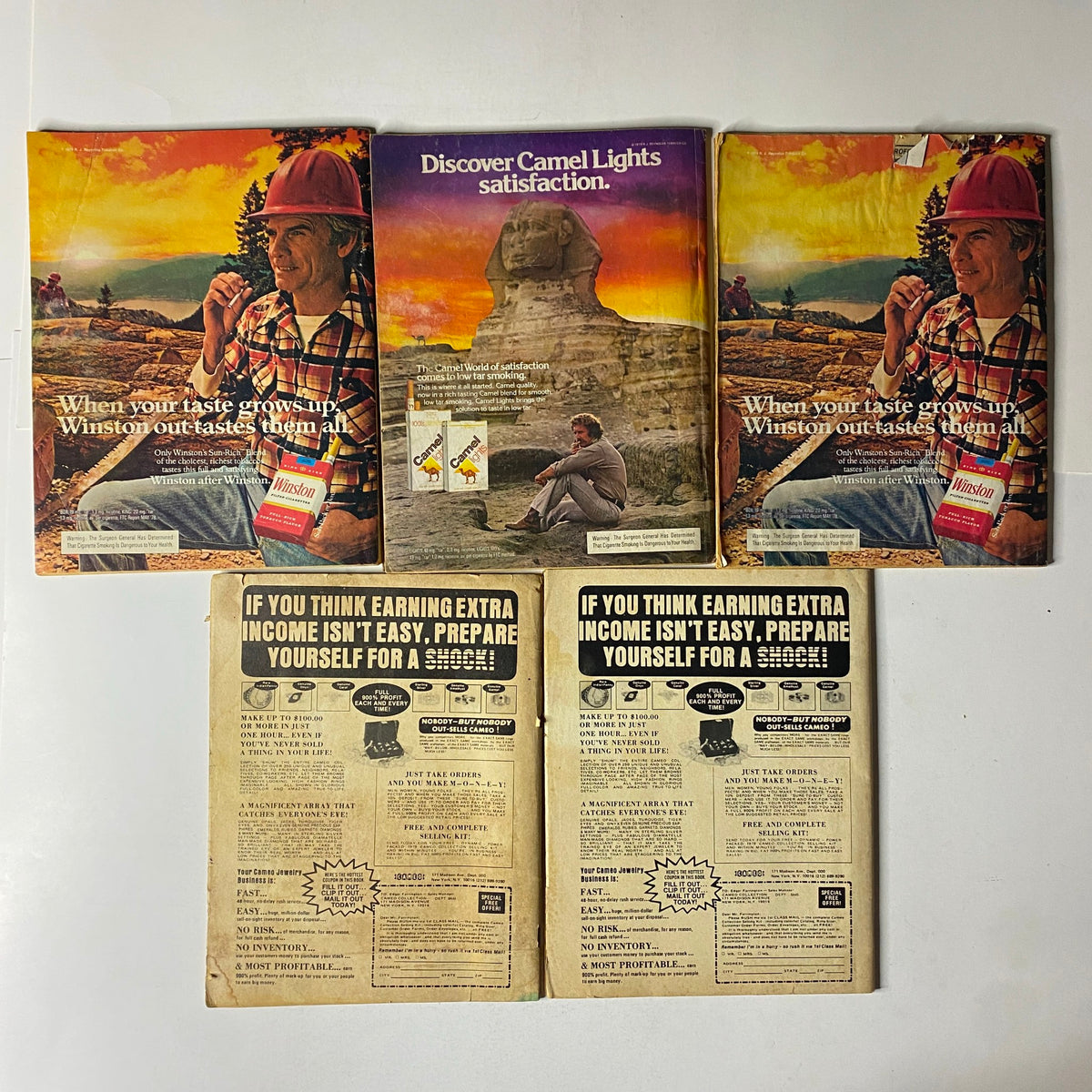 Back covers of vintage magazines from the Lot of 5 1970s-1980s Inside Detective, True Detective, Detective Files Magazine highlighting retro advertisements and promotions.