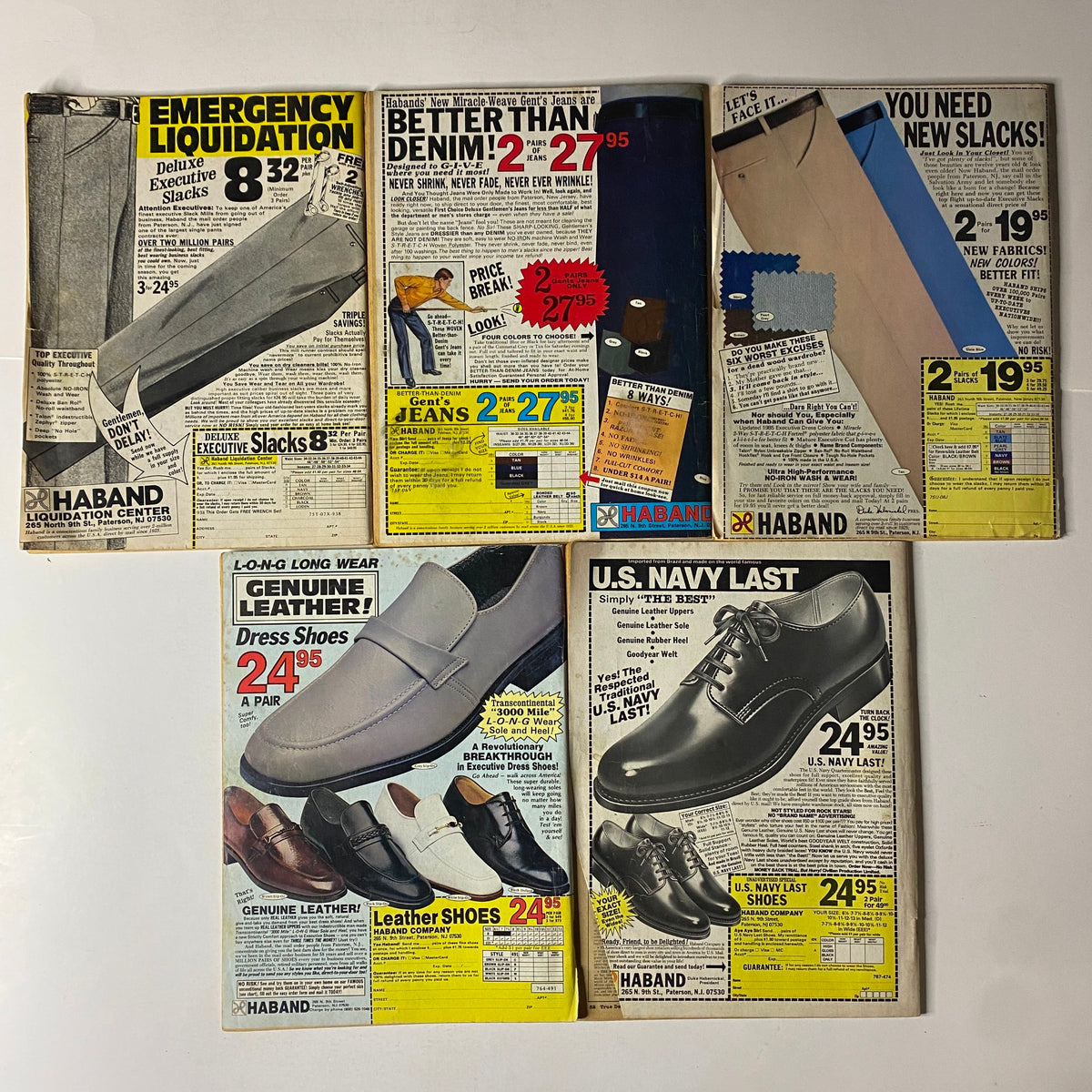 Vintage advertisement pages featuring clothing deals including 'Emergency Liquidation', 'Better Than Denim', and 'Genuine Leather' dress shoes, showcasing 1980s styles and prices, from a collection titled 'Lot of 5 1980s Master Detective and True Detective Crime Magazine'.