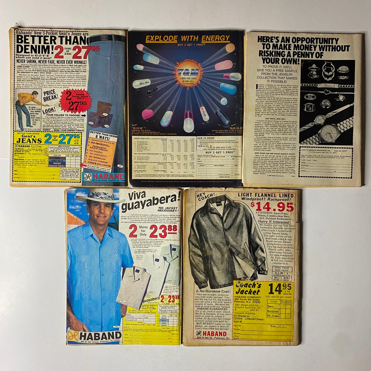 Vintage advertisement pages from Haband showcasing products such as jeans, shirts, and flannel jackets. This collection promotes unique offers from the 1980s, making it an interesting piece for retro fashion enthusiasts.