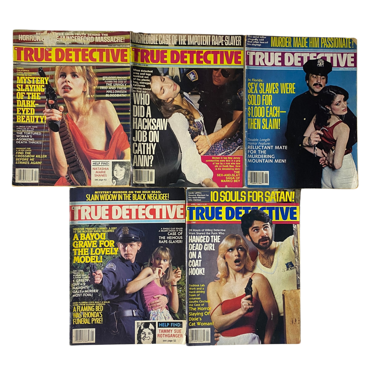 Lot of 5 1980s True Detective Magazine True Crime Collection featuring cover stories such as 'Mystery Slaying of the Dark-Eyed Beauty' and 'Sex Slaves Were Sold for $1,000 Each - Then Slain!' showcases vintage true crime drama.