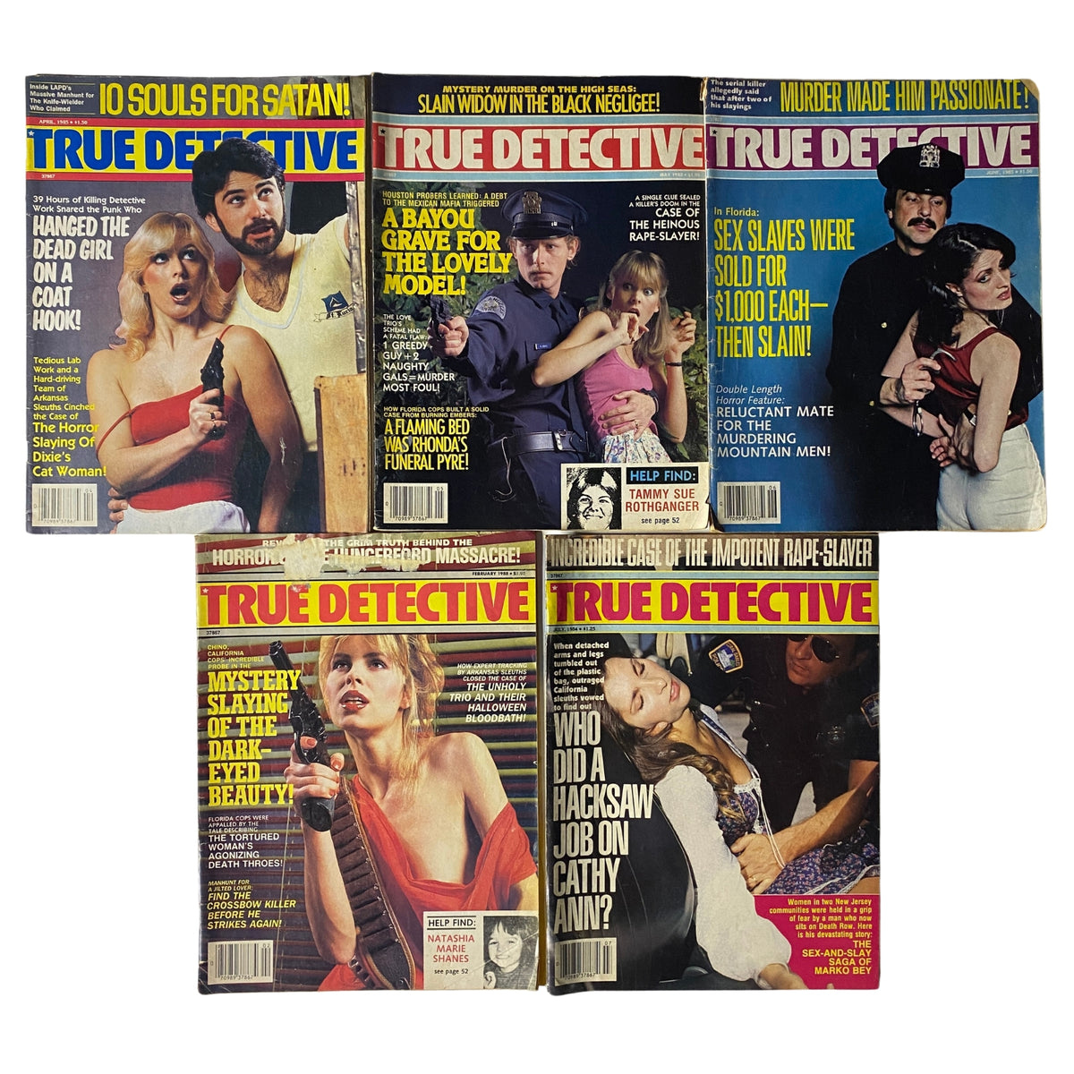 Lot of 5 1980s True Detective Magazine covers featuring sensational headlines like 'Hanged the Dead Girl on a Coat Hook!' and 'Mystery Slaying of the Dark-Eyed Beauty', showcasing vintage true crime stories.