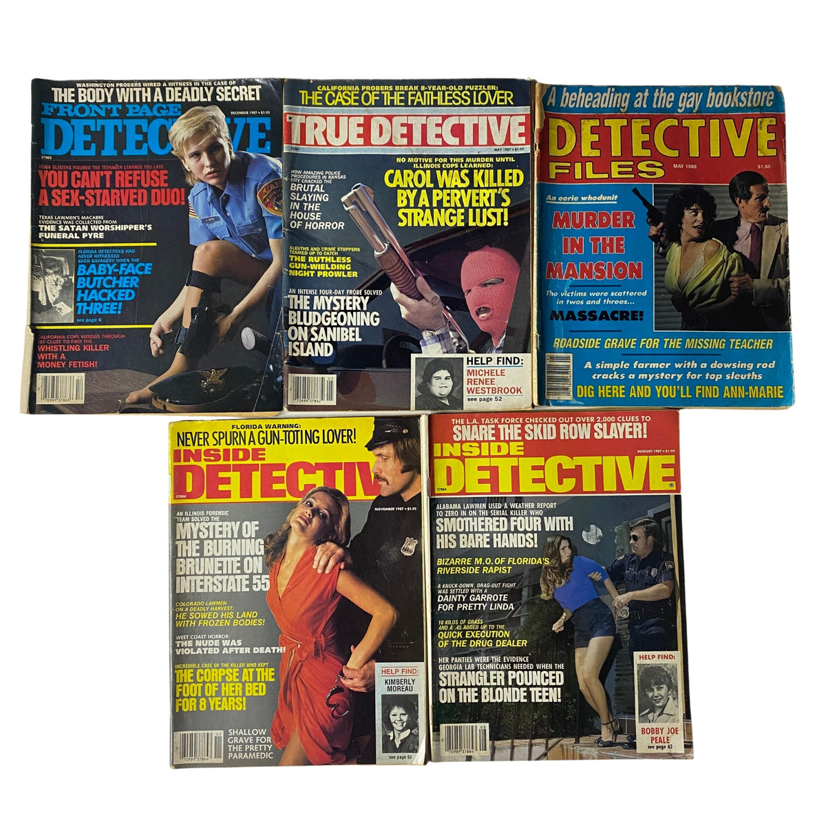 Lot of 5 1980s Front Page Detective, True Detective, Detective Files Magazine showcasing vintage true crime covers including dramatic stories and crime-related illustrations. Each magazine represents unique themes from the late 1980s.