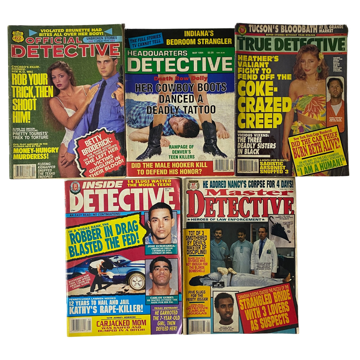 Lot of 5 1990s Official Detective, True Detective & Master Detective Magazine covers showcasing vintage true crime stories, including headlines and images related to crime journalism from that era.