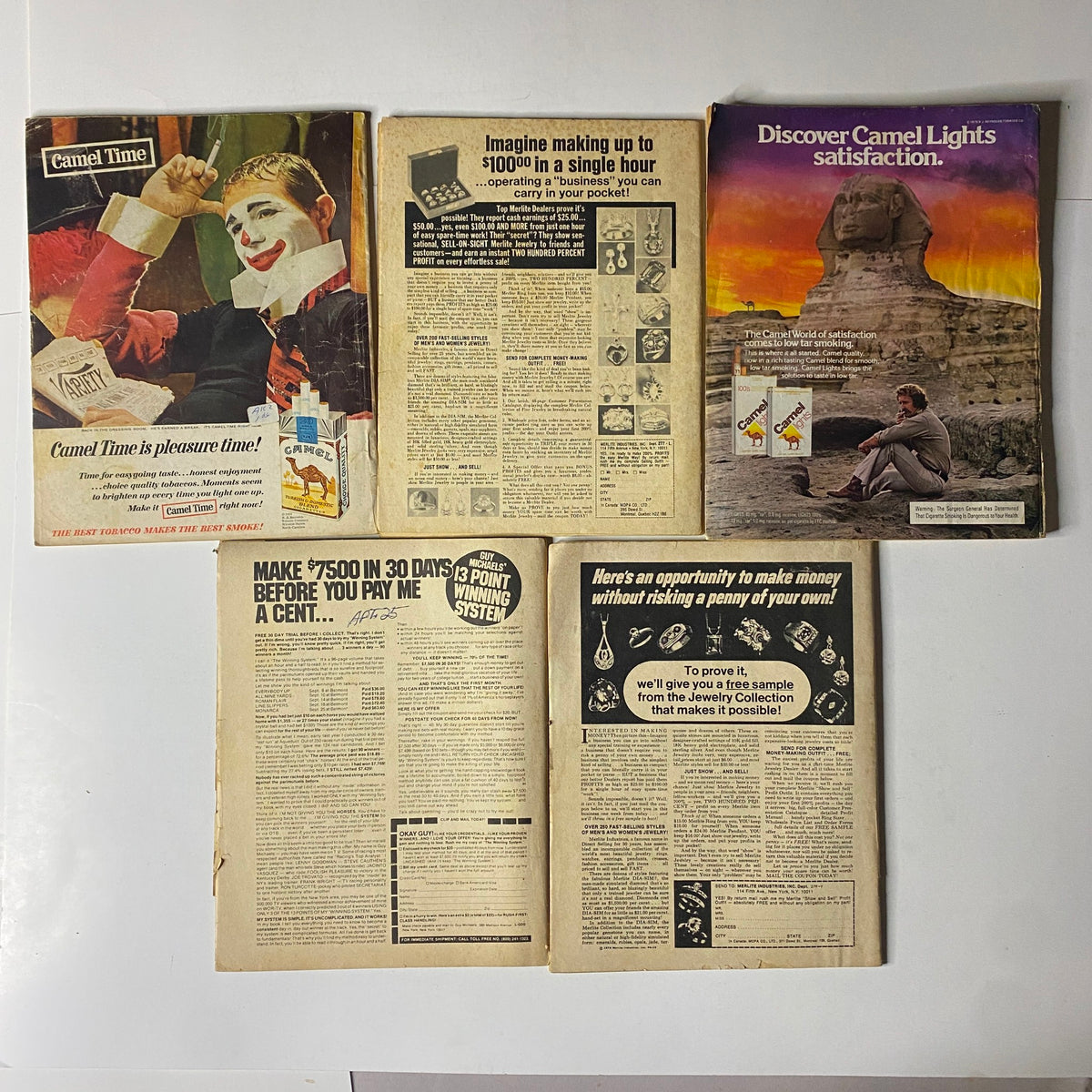 Vintage advertisements from 1970s Camel Time magazine showcasing promotional offers and products, illustrating the advertising style of the era.