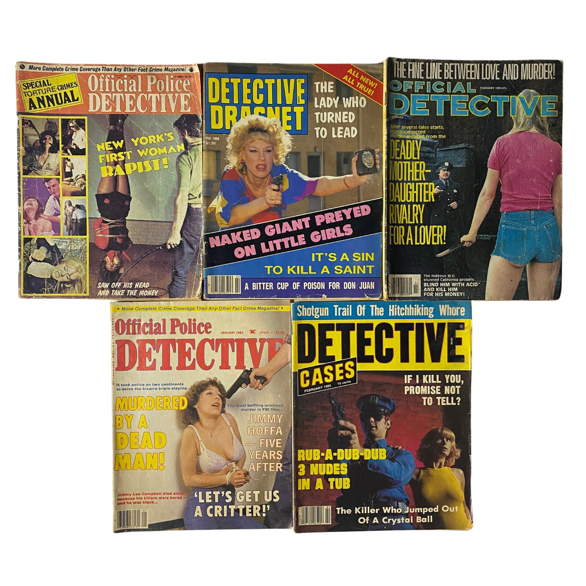 Lot of 5 1980s Detective magazines including Detective Dragnet, Official Detective, and Detective Cases, featuring vintage crime stories and covers from the era.