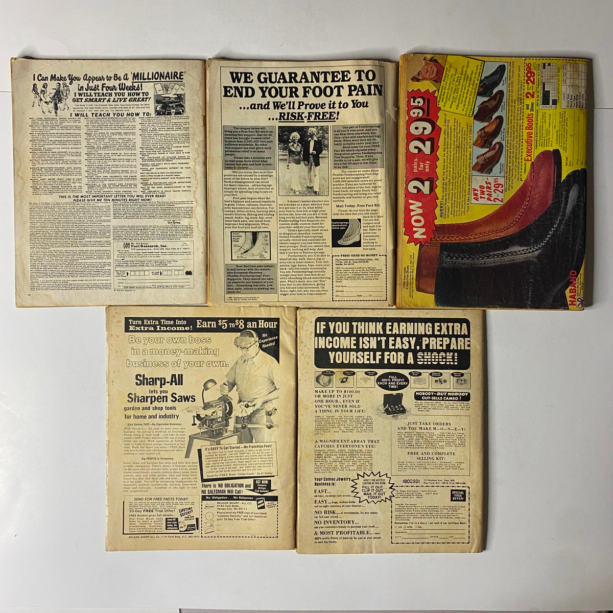 Collection of five vintage magazines from the 1980s including Detective Dragnet, Official Detective, and Detective Cases, showcasing ads and content reflective of the era.