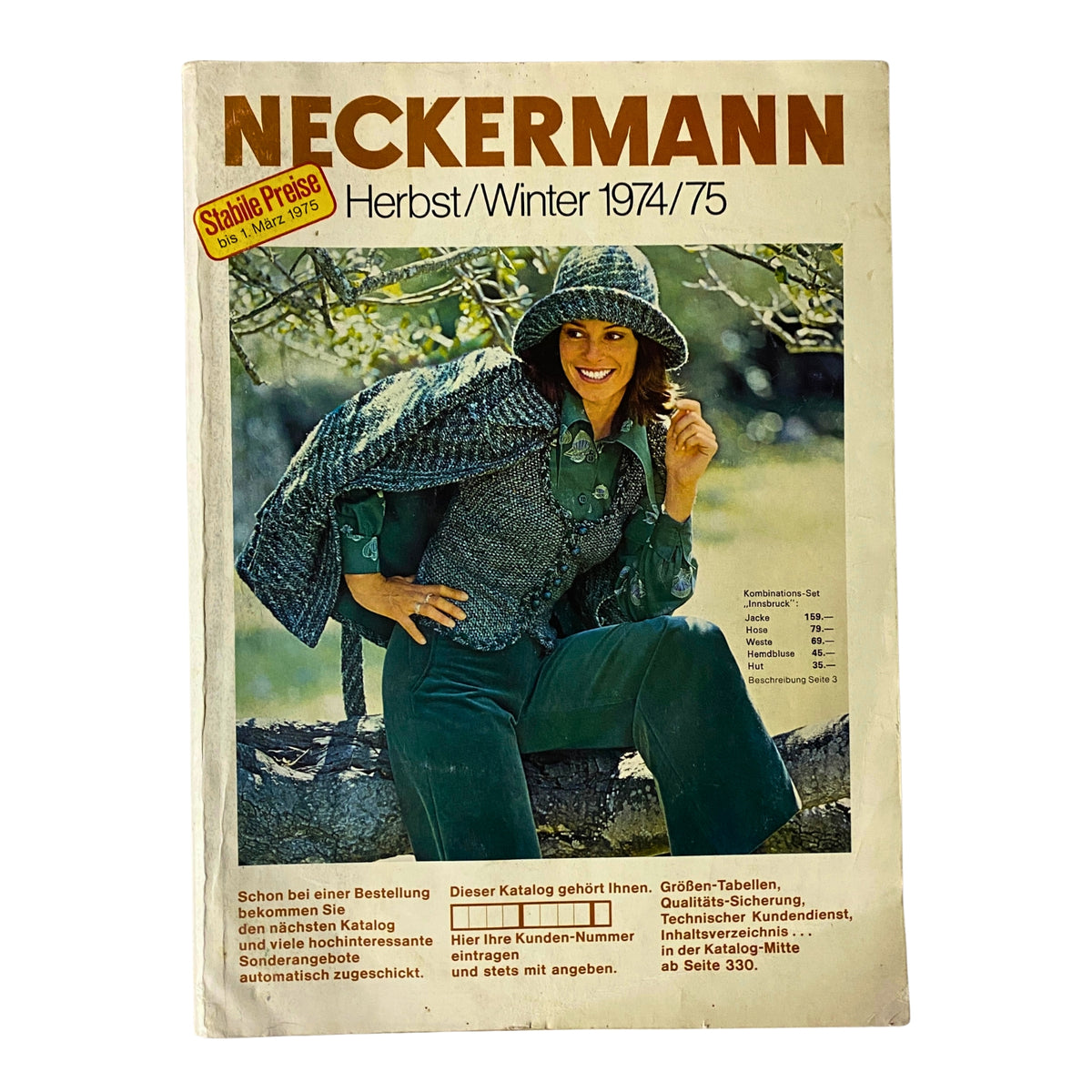 Cover of the 1974-1975 Neckermann Winter Catalog featuring a model in winter clothing in a forest setting.