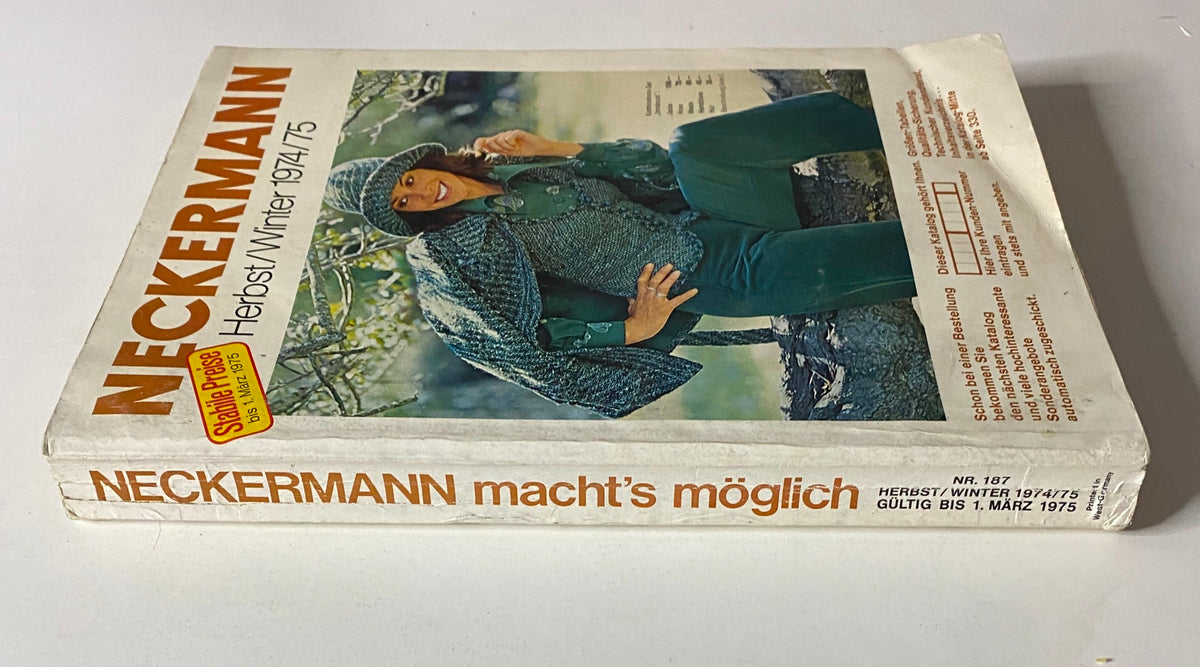 Side view of the 1974-1975 Neckermann Winter Catalog showcasing the model and highlighting the publication's details.