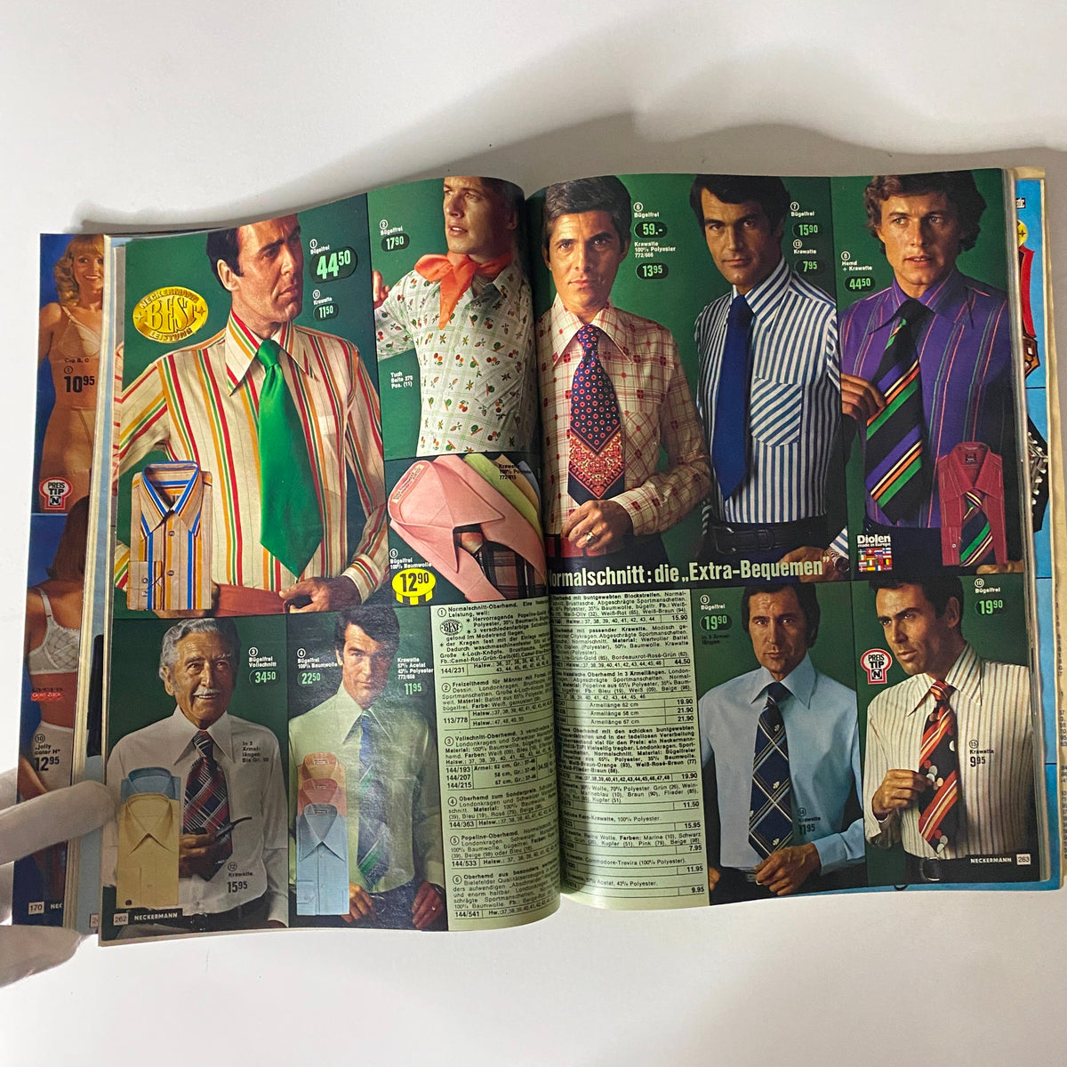 1974-1975 Neckermann Winter Catalog illustrating men's fashion with colorful ties and shirts, reflecting the stylish choices available during the 1970s.
