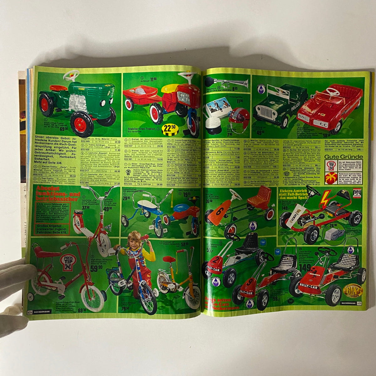 1974-1975 Neckermann Winter Catalog featuring attractive children's ride-on toys and tricycles displayed in a colorful layout.