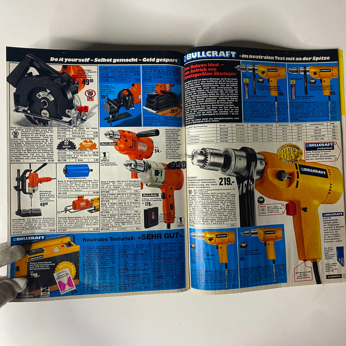 1974-1975 Neckermann Winter Catalog featuring a range of power tools and DIY equipment, showcased with detailed descriptions and prices.