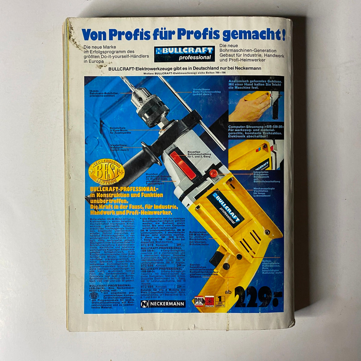 Back cover of the 1974-1975 Neckermann Winter Catalog displaying a Bullcraft professional power tool, highlighting features and pricing for DIY and professional use.