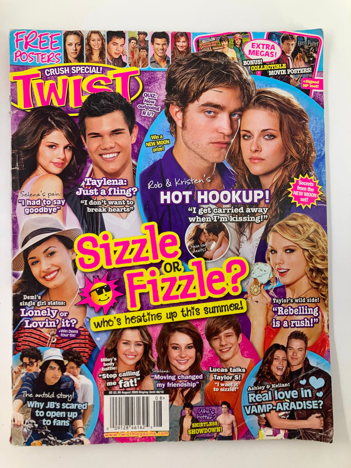Twist Magazine August 2009 cover featuring Selena Gomez, Taylor Lautner, and other celebrities. The cover asks 'Sizzle or Fizzle?' with colorful graphics and a summer theme.