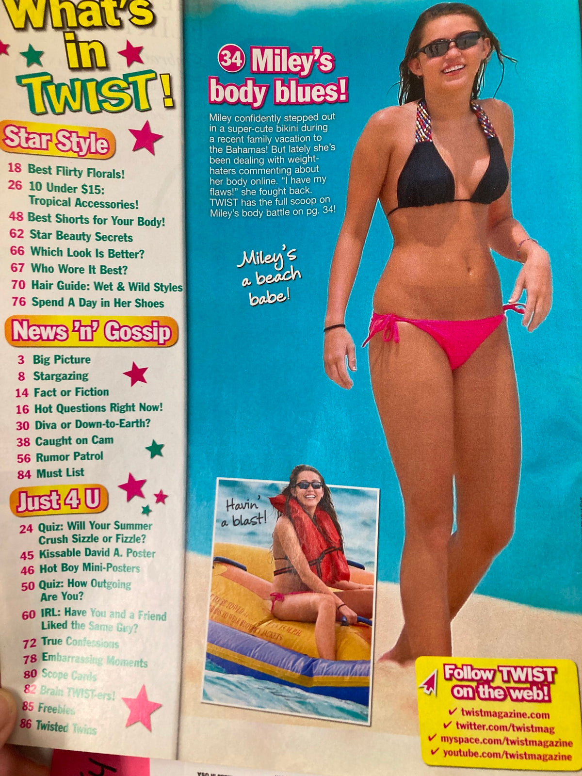 Another inside page of Twist Magazine August 2009 highlighting a fashion segment titled 'Miley's body blues!' featuring a photo of Miley Cyrus in a stylish bikini, promoting summer trends.