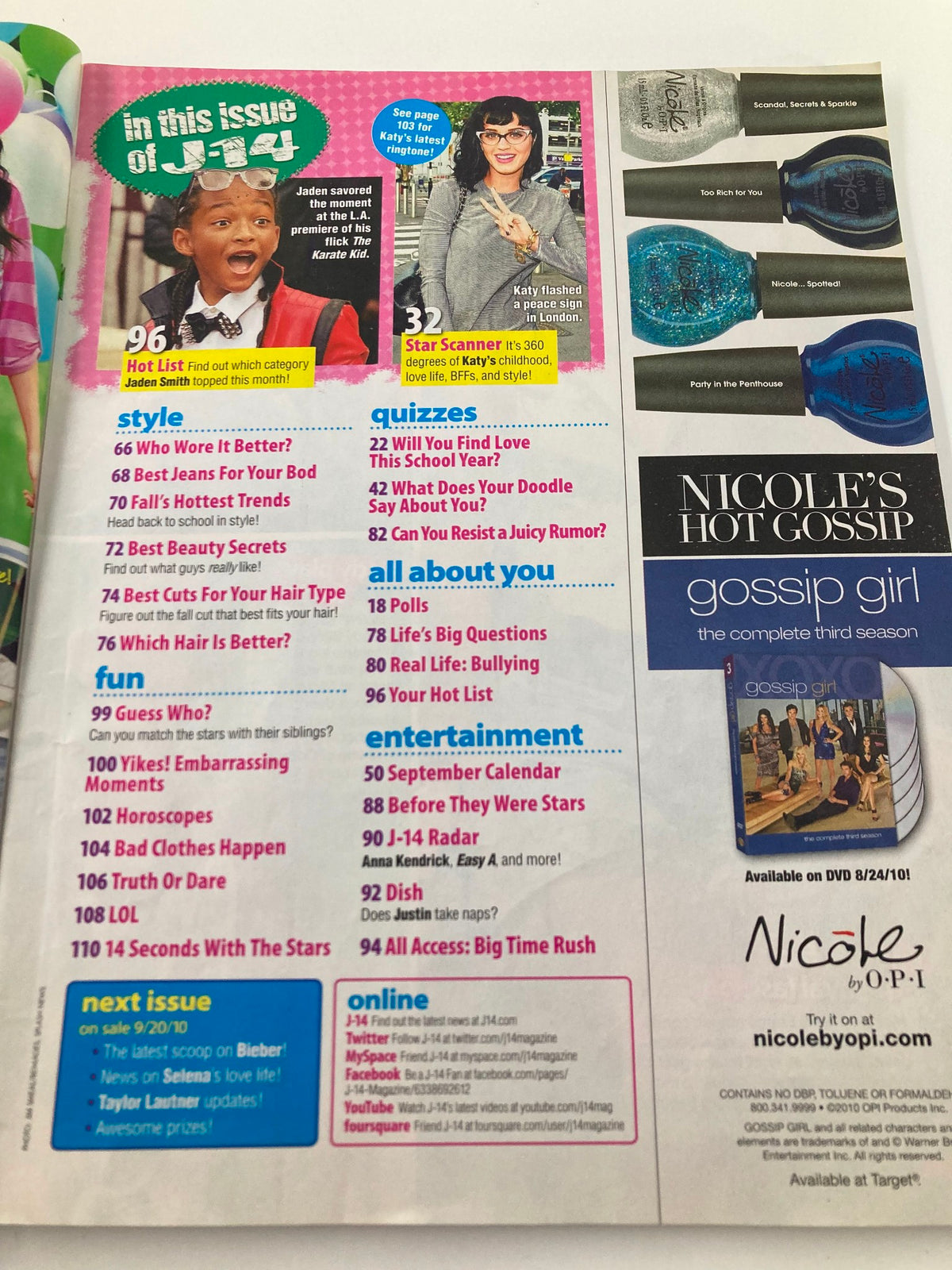 Contents page of J-14 Twi-Hard Magazine September 2010 showcasing various articles with topics on pop culture and teen interests.