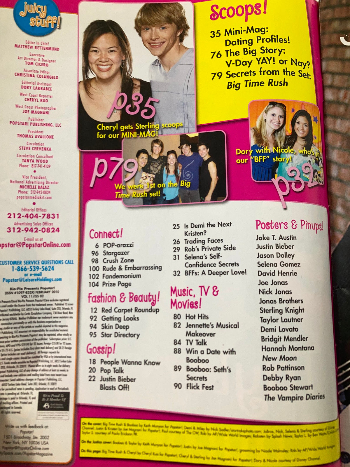 Inside page of Pop Star Magazine February 2010 displaying features and page number references, showcasing celebrity interviews and profiles.