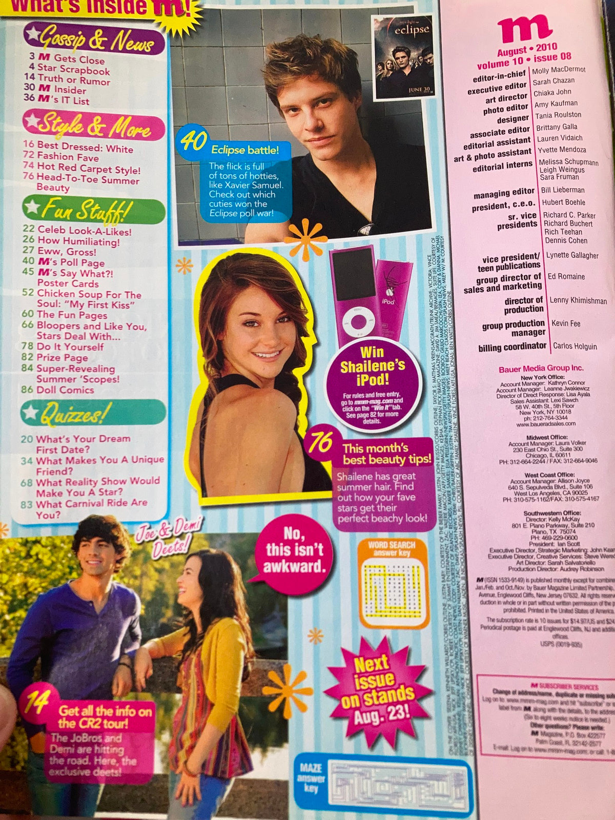 Another inside spread of M Magazine August 2010 showcasing photo features and gossip related to popular celebrities, with a focus on the series 'Gossip Girl' and notable stars like Shailene Woodley and others from the era.