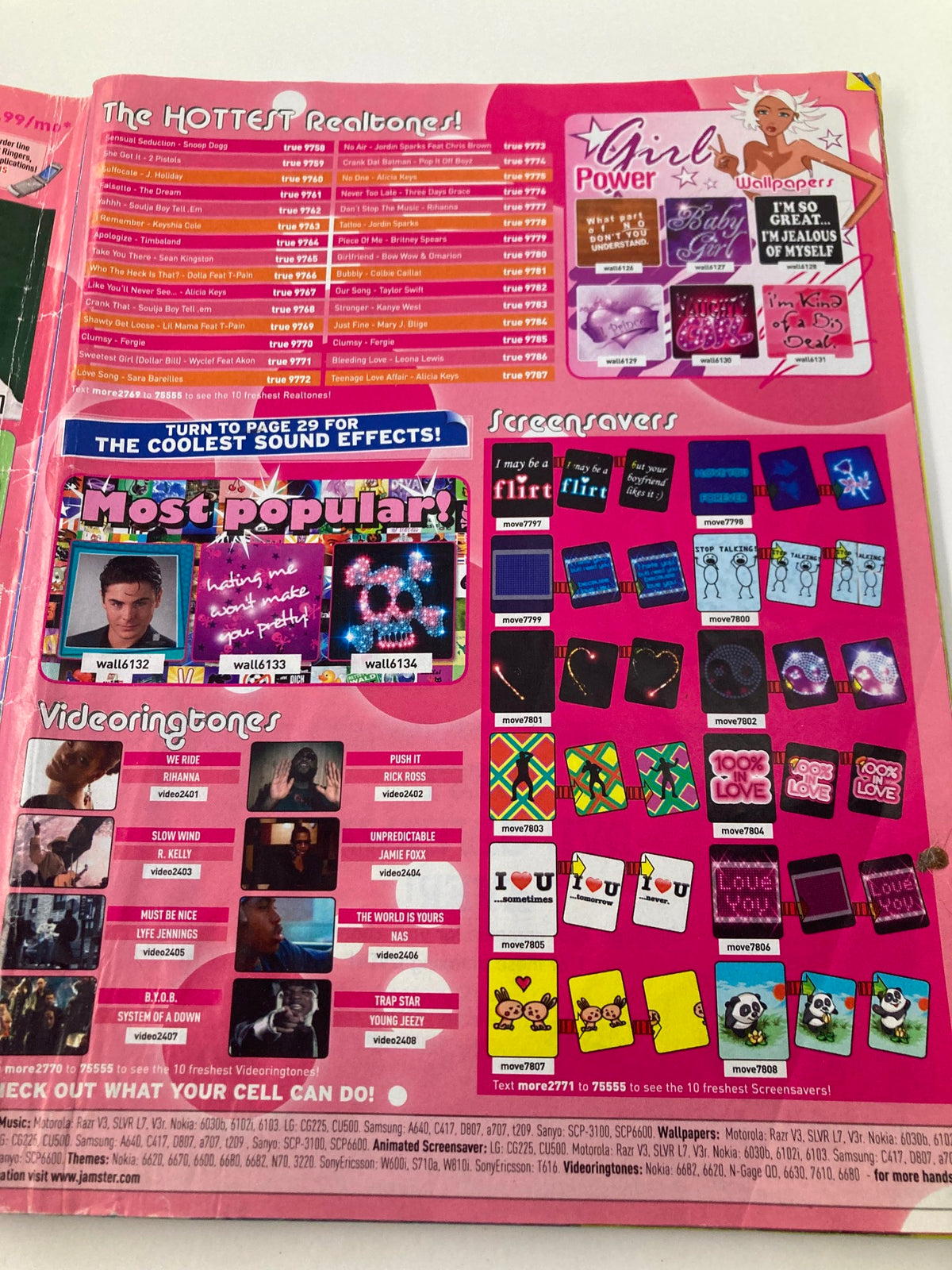 Inside page of Pop Star Magazine May 2008 showcasing popular mobile tones and screen savers, reflecting the teen culture of the mid-2000s.
