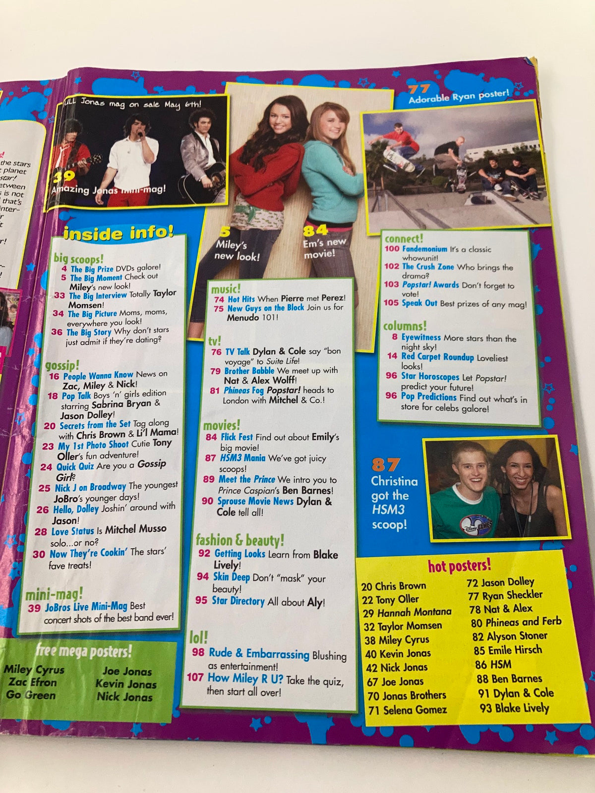 Pop Star Magazine May 2008 showcasing a colorful inside page with notable teen celebrities, including Miley Cyrus and a feature list of the magazine's content.