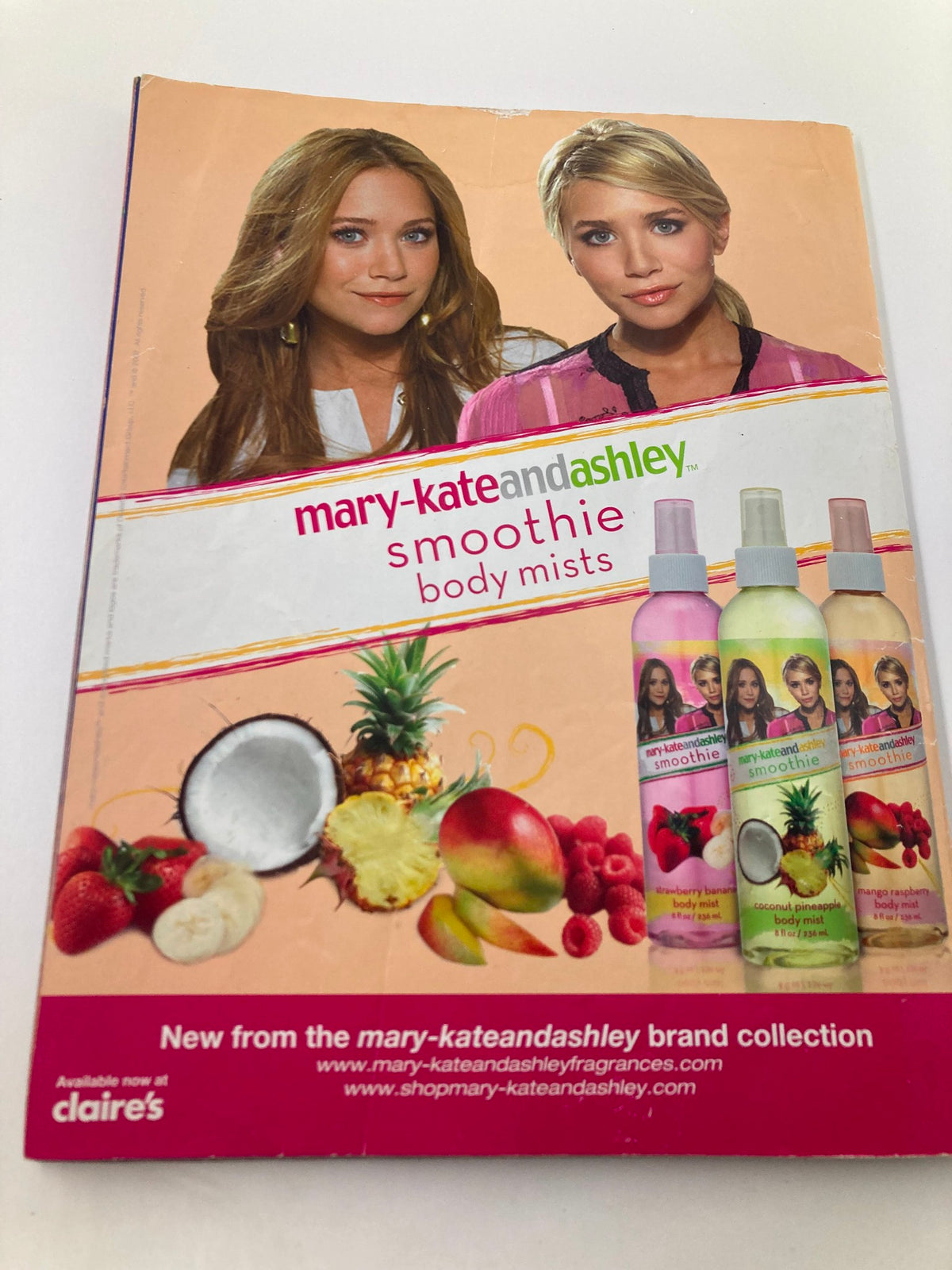 Pop Star Magazine July 2007 featuring Miley Cyrus, Justin Bieber & Joe Jonas, displaying a promotional page for Mary-Kate and Ashley body mists from Claire's.