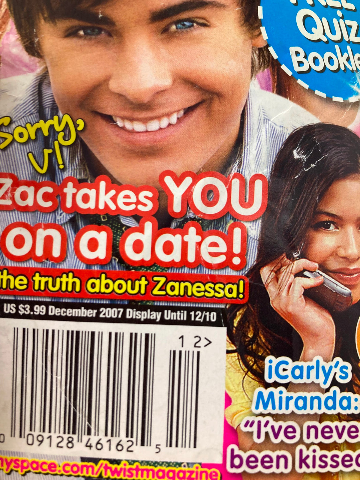 Close-up of the Twist Magazine December 2007 cover featuring Zac Efron with text about his dating life and a reference to 'Zanessa'.