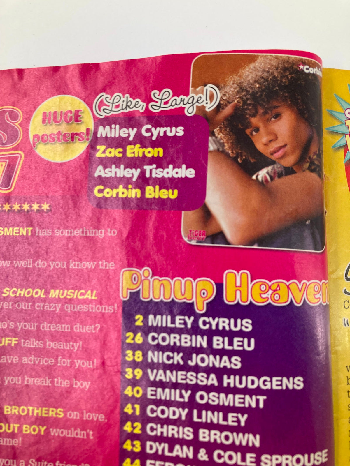 Tiger Beat Magazine April 2007 featuring Miley Cyrus, Corbin Bleu, and Zac Efron in Pinup Heaven section with poster information.